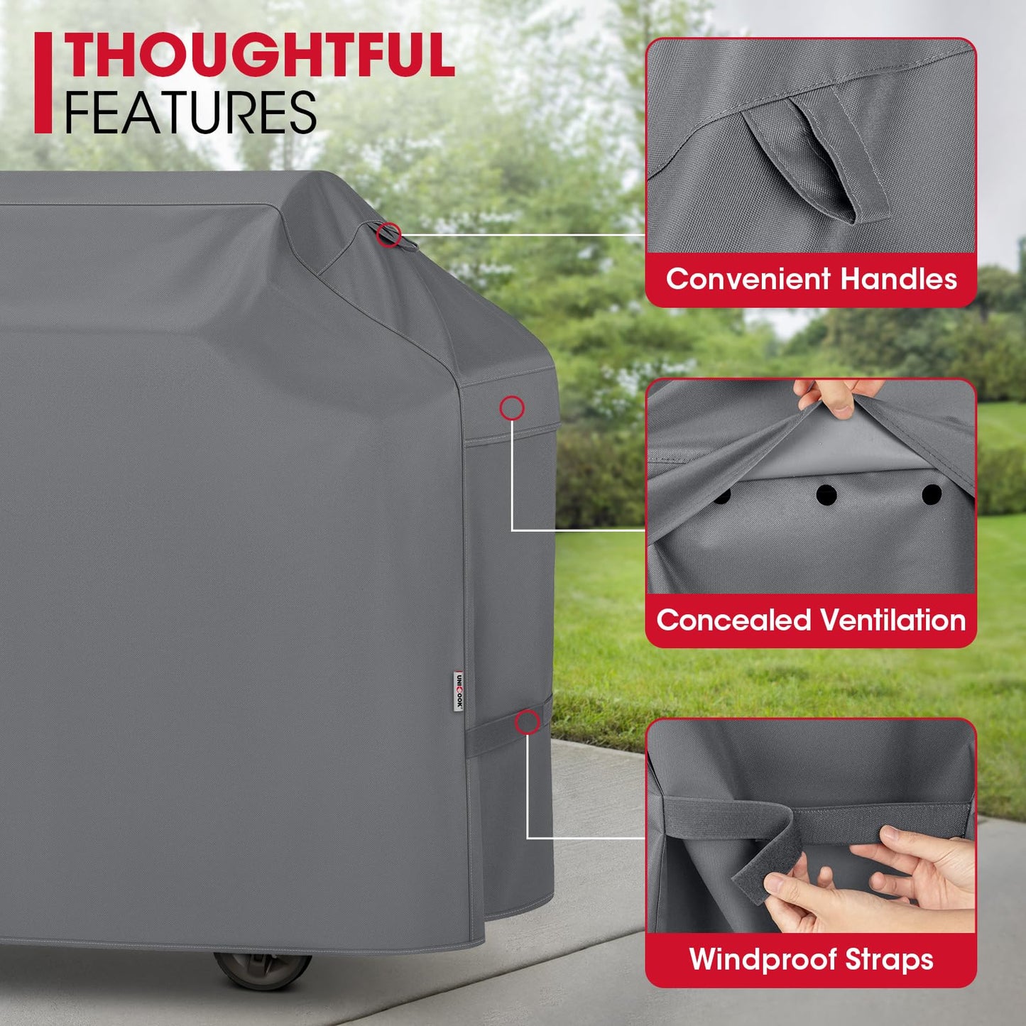 UNICOOK BBQ Cover 65 Inch, Waterproof Heavy Duty Barbecue Grill Cover, Fade Resistant Housse BBQ, Compatible for Weber, Char-Broil, Nexgrill, Brinkmann Barbecue and More, UV Resistant Material, Grey