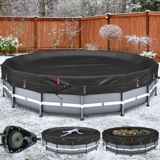 QH.HOME [2025 Upgraded Ultimate Windproof] 12 Ft Round Pool Cover with Fast Tightening Patented Ratchet,Swimming Pool Cover for Above Ground Pools [Durable, Tear Resistant] with Weight-Bearing Rings