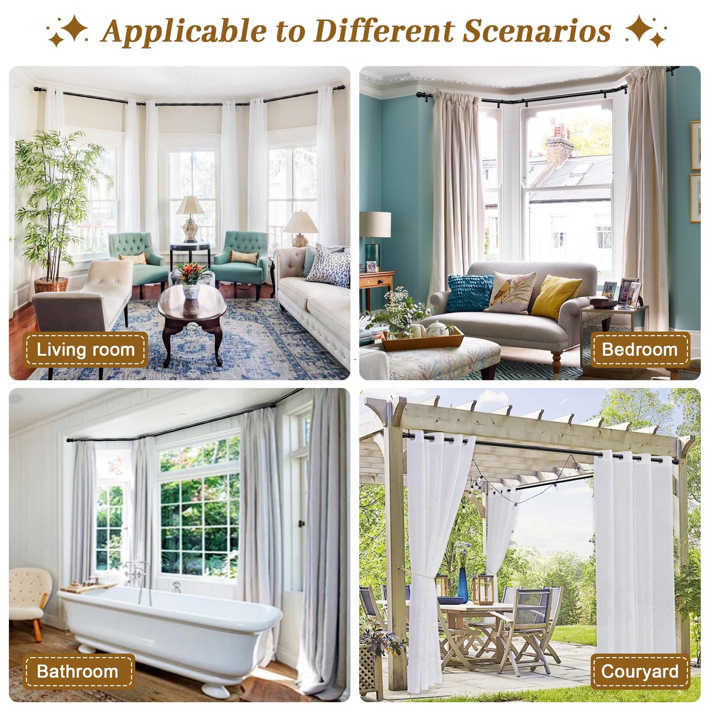 Bay Window Curtain Rods, U-shaped Curved Curtain Rods for Windows 59 to 184 Inches, Black 1 Inch Diameter Heavy Duty Curtain Rods for Bedroom, Living Room, Adjustable Renter Friendly Curtain Rods...