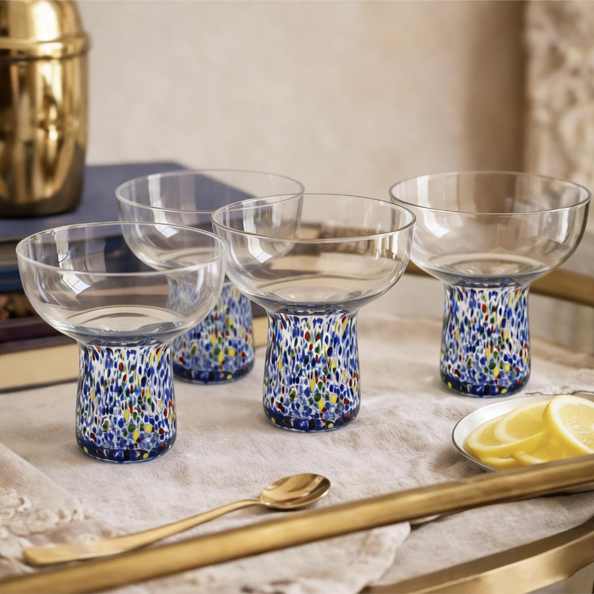 SEICASAYA Hand Blown Mexican Design Stemless Confetti Margarita Glasses, 180 ml Colorful Cocktail Glassware, Artisan Crafted Barware (Blue/ 4 Pieces)