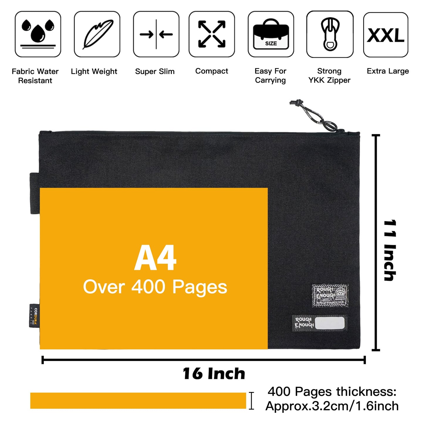 Rough Enough Big Document File Folder Organizer Holder Bag Pouch A4 Paper Letter Manila Size Case Large Carry Legal Notebook Storage for Filing with Zipper Handle Pen Loop Waterproof Black