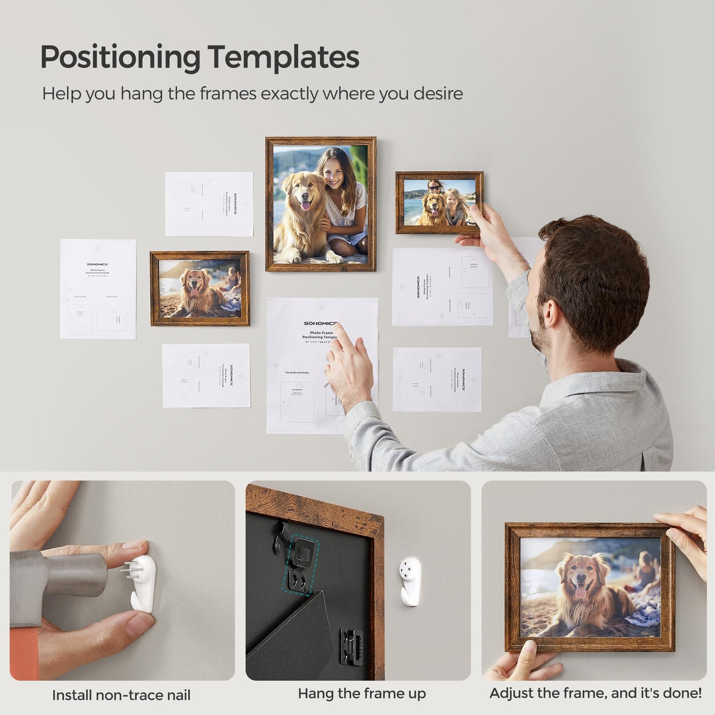 SONGMICS Picture Frames with 16 Mats, Set of 10 Collage Photo Frames, Two 8x10, Four 5x7, Four 4x6 Frames, Hanging or Table Display, Glass, 12 Non-Trace Nails, Rustic Brown URPF049X01