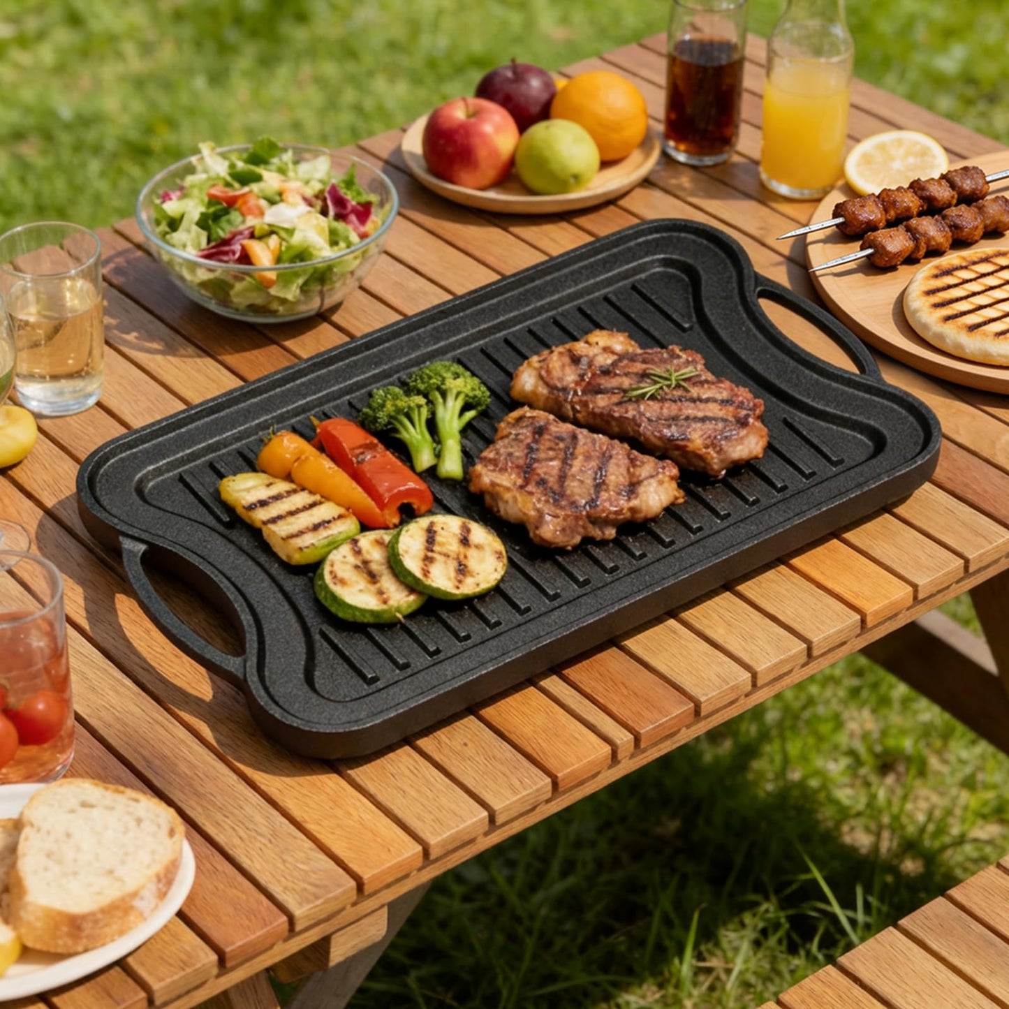 Dayacoco Cast Iron Griddle, Reversible Grill Pan, 16.5" x 9.8" Non-Stick BBQ Grill Pan with Handles, Dual Handle Flat Skillet Pan for Gas Stovetop Open Fire Oven