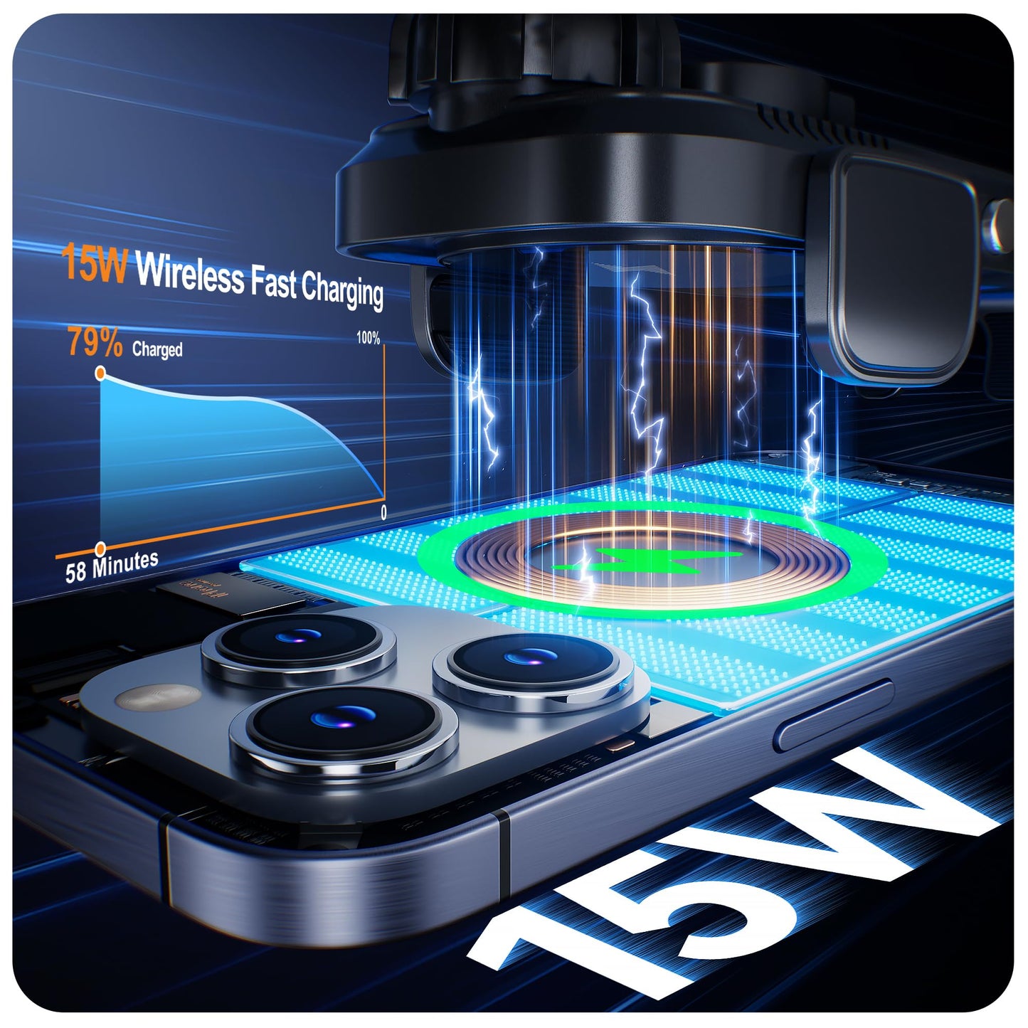 Auckly Qi 15W Car Phone Holder Wireless Charger, [270 ° Automatic Clamping], Wireless Car Charger Mount, Air Vent, Compatible for iPhone 12/13/14/15/16 Series&Samsung, Electromagnetic Induction, Black