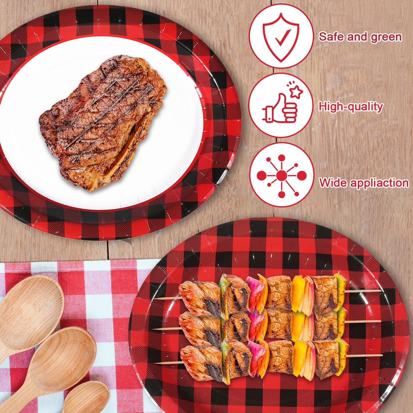 EggSun Red and Black Gingham Christmas Oval Paper Plates 10’’x 12’’, Large Disposable Heavy Duty red and black Gingham Plaid Paper Plates for Birthday Wedding Baby Shower Tea Party Supplies, 50 Guest