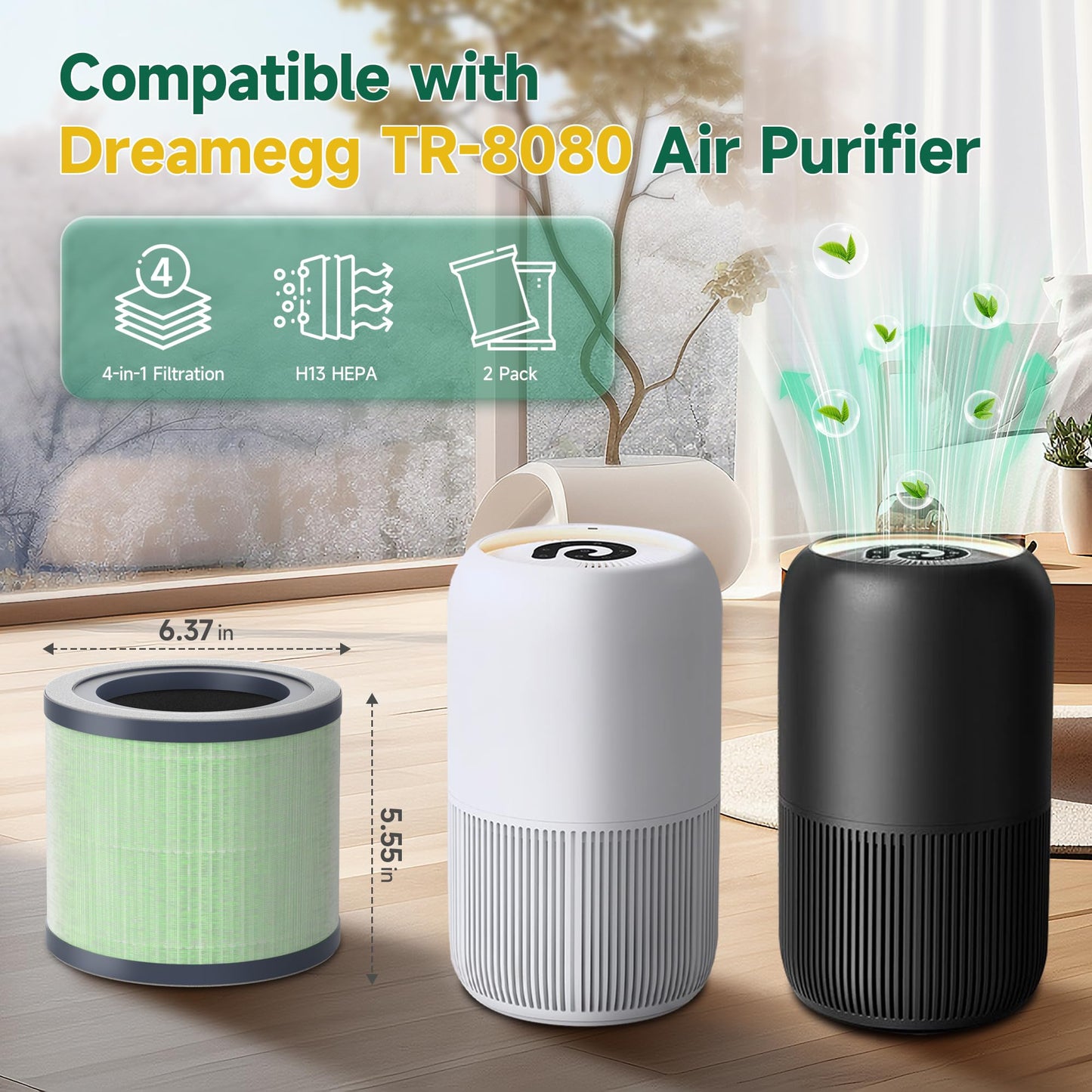 SAKEGDY TR-8080 Replacement Filter Compatible with Dreamegg TR-8080 Air Purifier, 4-in-1 Filtration with True HEPA Filter, 2 Pack