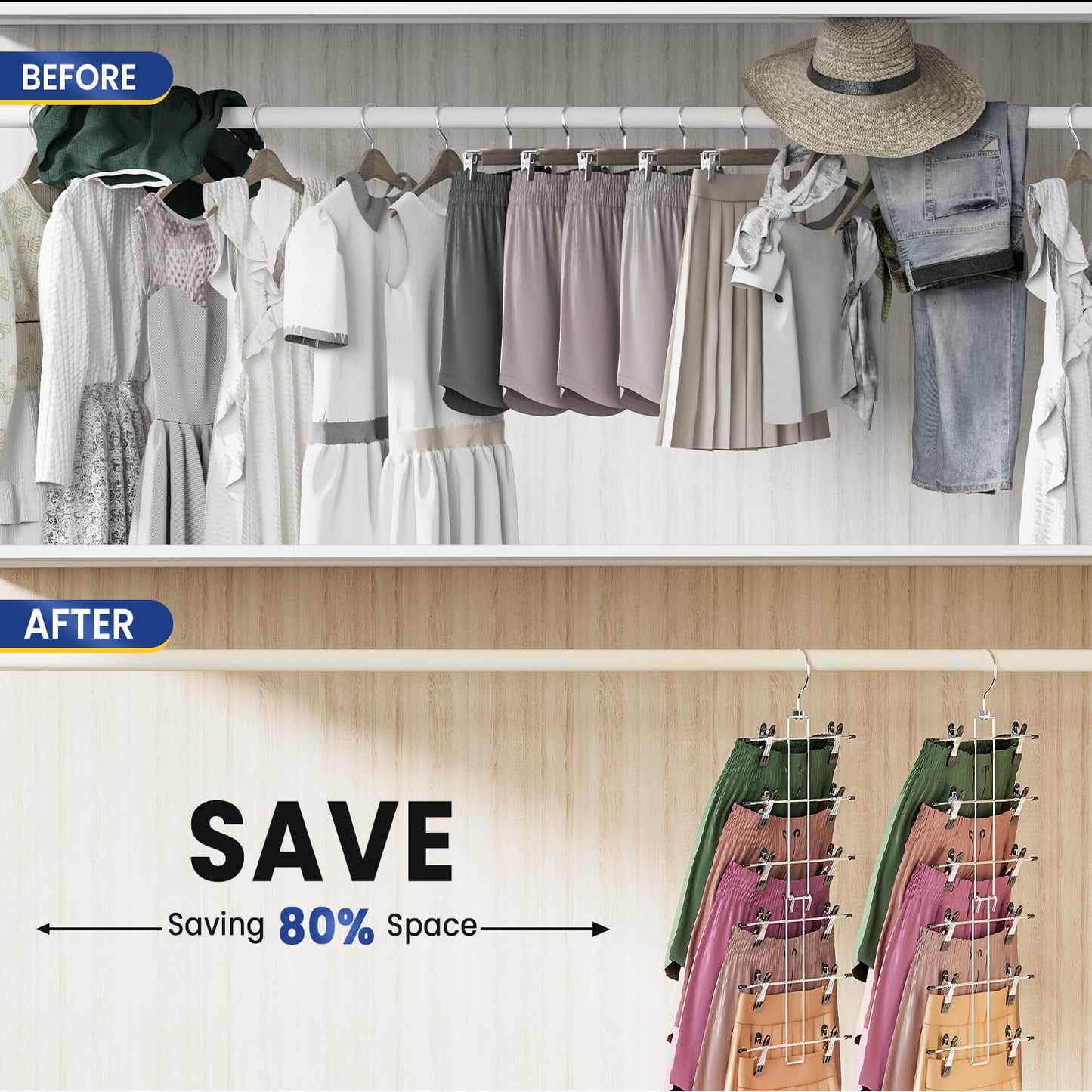 DAMITA Skirt Pants Hangers with Clips Space Saving Hanging Closet Organizer 6 Tiers Hanger with 360° Swivel Hook, Finger-Safe Design- College Dorm Room Apartment Essentials 3-Pack