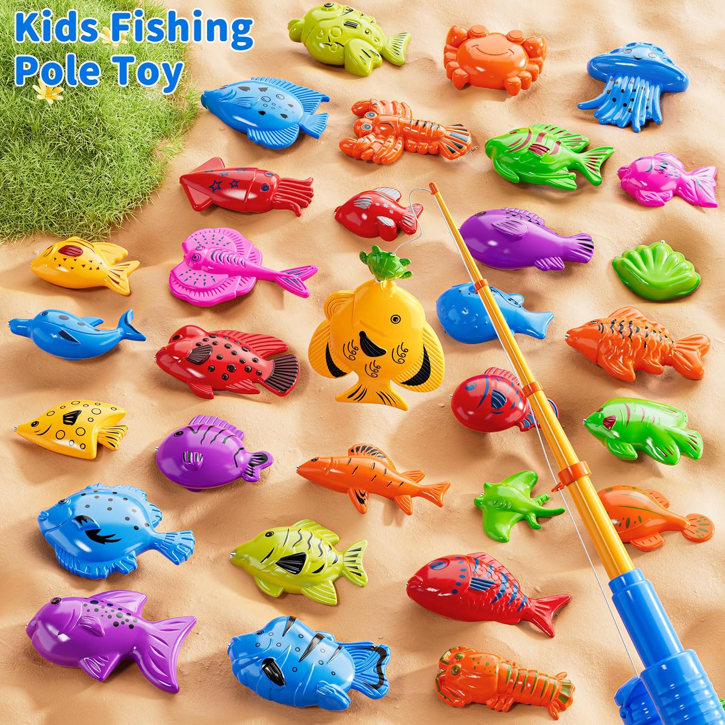 KIZONLY Magnetic Fishing Game for Kids 3-5 4-8 - Fish Toys for Kids 3-5, Bathtub Floating Fishing Pole, Water Table Pool, Rod Net and Pail, Bath Outdoor Gifts for Toddlers Age 3 4 5 6 7 8 Year Old