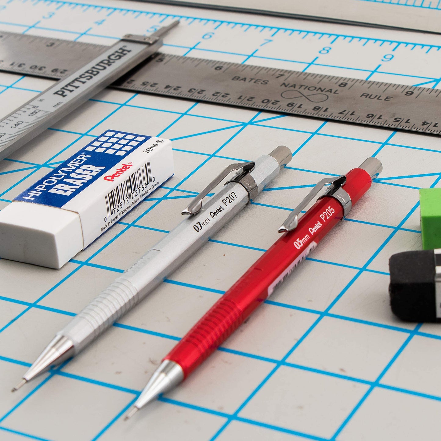 Pentel Sharp Mechanical Pencil, (0.5mm), Metallic Barrels, Assorted Colors (B/C/D), 3-Pk (P205MBP3M1)