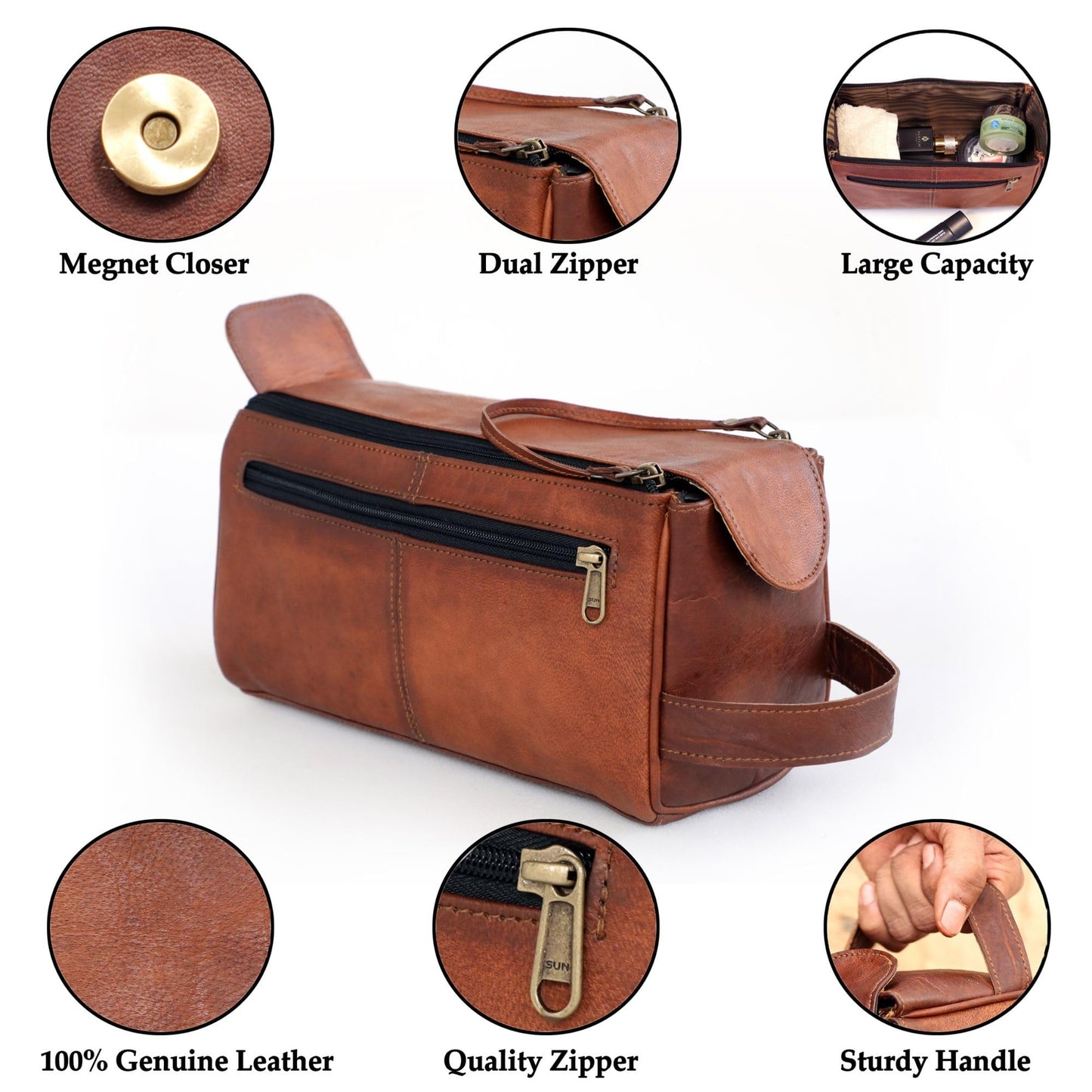 ANUENT Genuine Leather Toiletry Bag Large Dopp Kit for Men & Women Travel Pouch Cosmetic Organizer Best Toiletries Bags for Bathroom and Traveling Mens Shaving Kit, (Brown)