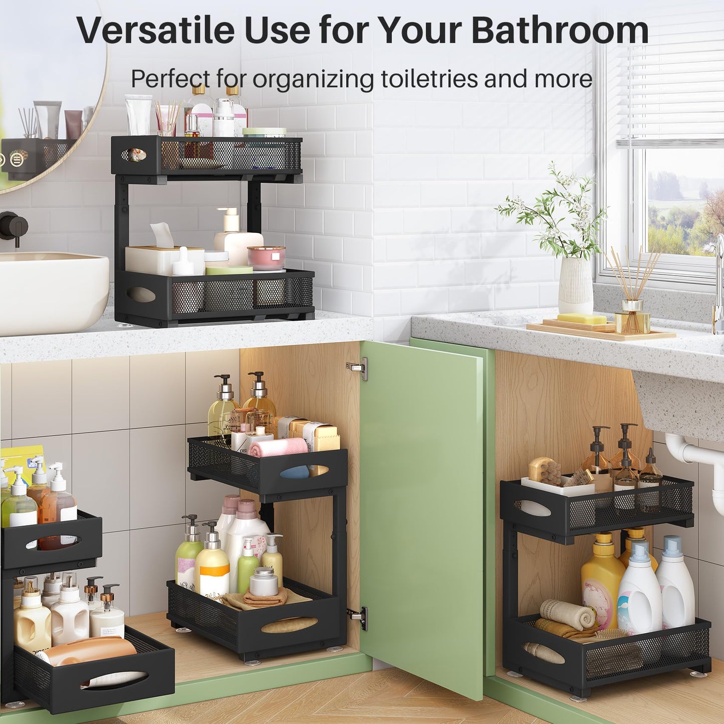 Under Sink Organizer, 2 Tier Pull out Cabinet Organizer Baskets with Mesh Sliding Drawers, Slide out Storage Shelf for Home, Kitchen, Bathroom, Pantry, Office Cabinet(2 Pack)