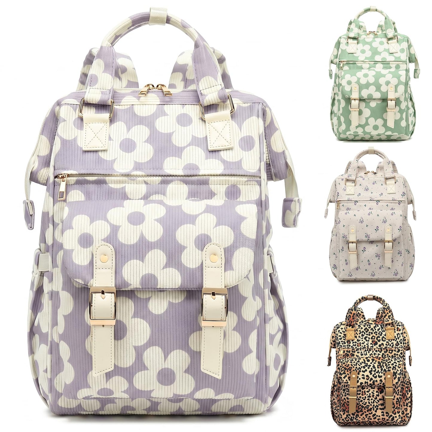 Corduroy Laptop Backpack for Women 15.6 Inch Stylish College School Bookbag, Business Work & Travel Computer Backpacks (Large Floral Purple)