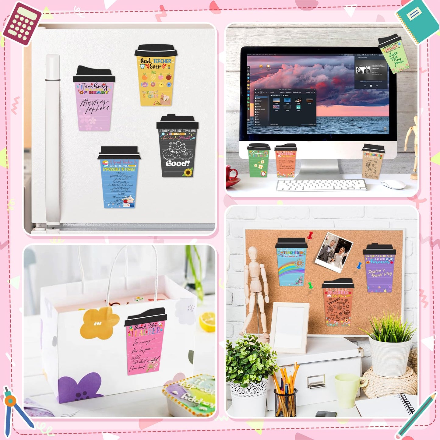 72 Pcs Teacher Appreciation Gifts Bulk Include 24 Coffee Cup Notepads Sticky Notes+ 24 Ballpoint Pens + 24 Drawstring Gift Bags, Best Teachers Gift Thank You Gift for Teachers Office Staff