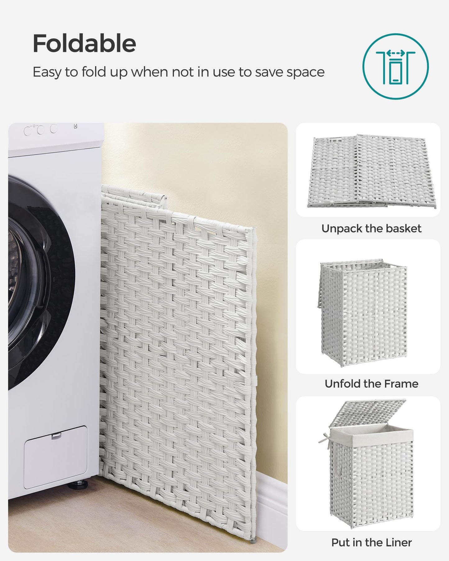 SONGMICS Laundry Hamper with Lid, 23.8 Gallon (90 L) Synthetic Rattan Clothes Laundry Basket with Lid and Handles, Foldable, Removable Liner, Snow White ULCB051W01V1