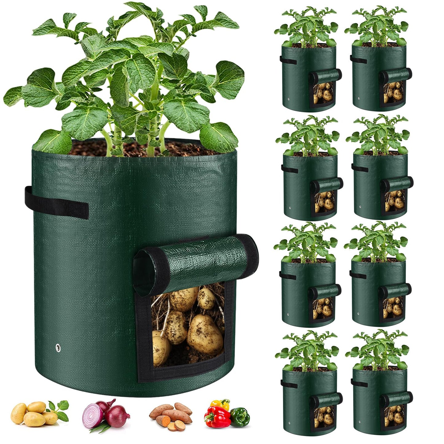8 Pack Grow Bags, 10 Gallon Potato Growing Bags Durable PE Vegetable Planter Bag with Flap and Handles Large Garden Pots Potato Growing Containers for Vegetables, Fruits and More