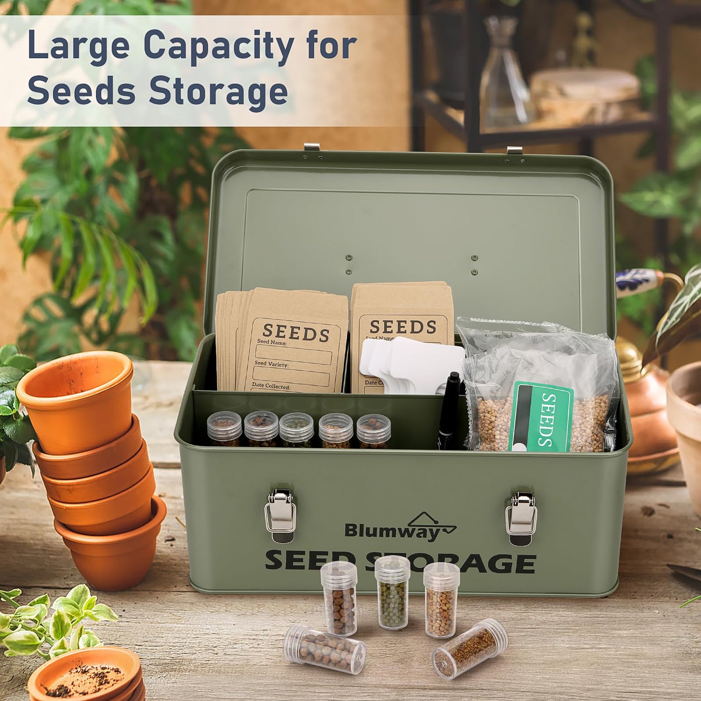 BlumWay Seed Storage Organizer, Metal Seed Saving Box with Lid, Seed Storage Container with Safety Locks, 4 Compartments Seed Packet Organizer, Garden Seed Bin for Plants Flower- Green