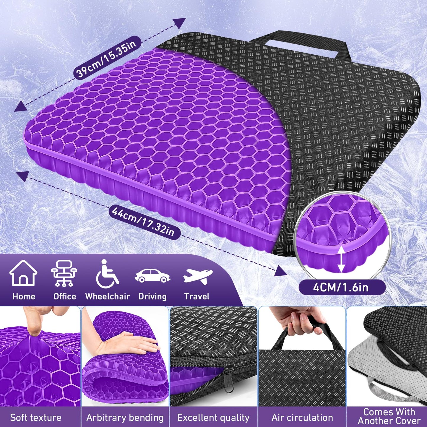 Gel Seat Cushions for Long Sitting, Double Thick Seat Cushion Breathable Honeycomb Design Absorbs Pressure Points, Gel Cushion for Office Chair, Home, Car, Wheelchair