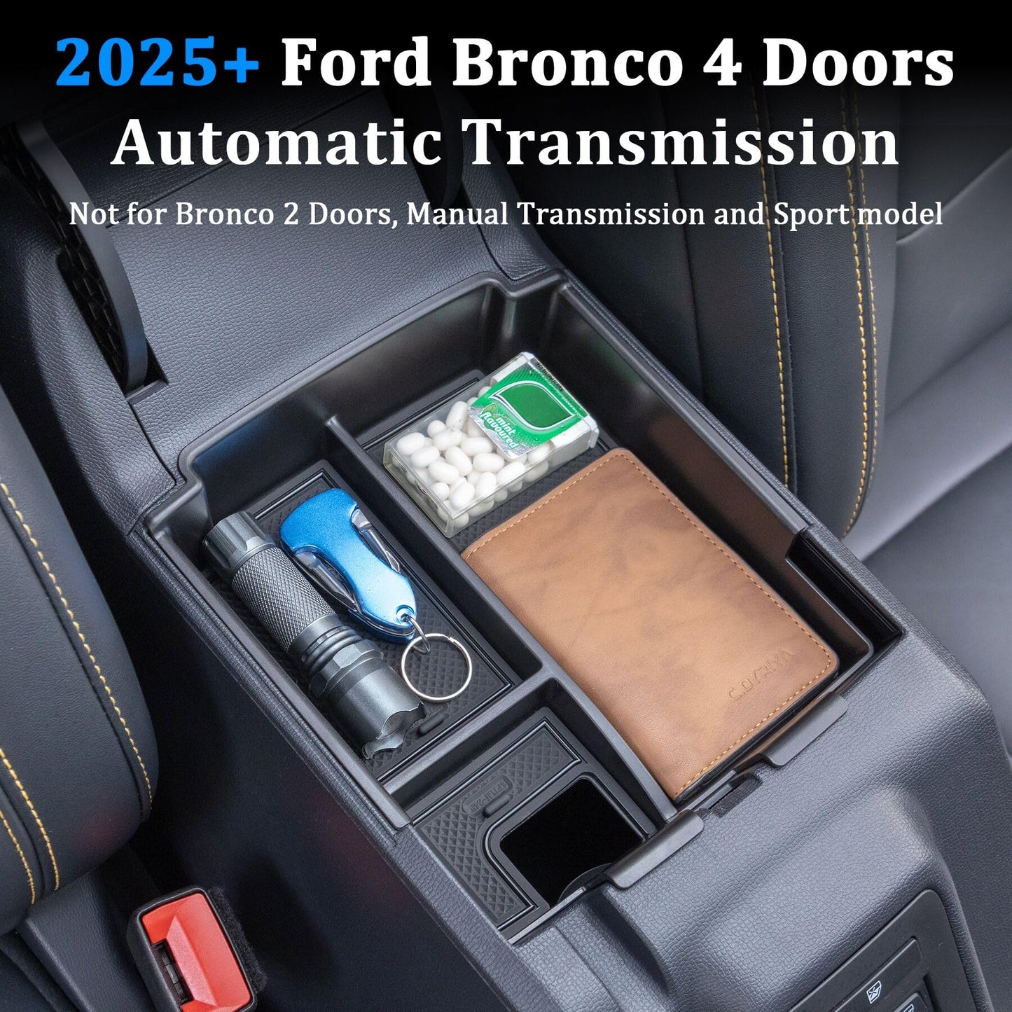 TOPINSTALL 2025 Upgraded Tray Compatible with Ford Bronco 2025 2026 4-Door Automatic Transmission, Full Size Bronco Center Console Organizer Armrest Box Black (Not for 2-Door & Bronco Sport)