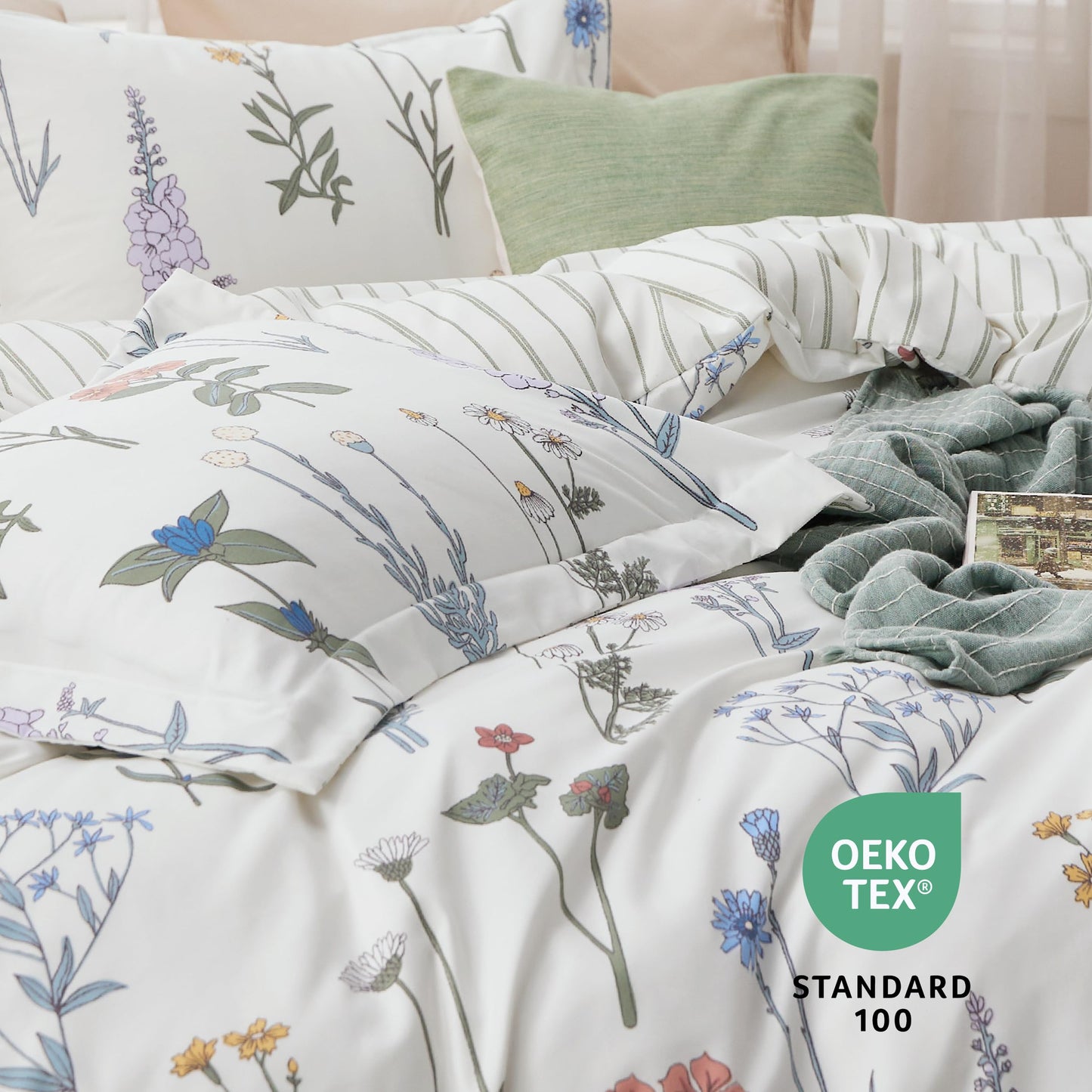 Bedsure Duvet Cover Queen Size - Reversible Botanical Floral Duvet Cover Set for Kids & Adults with Zipper Closure, 3 Pieces White Bedding Set with 8 Corner Ties and 2 Pillow Shams 20"x26"