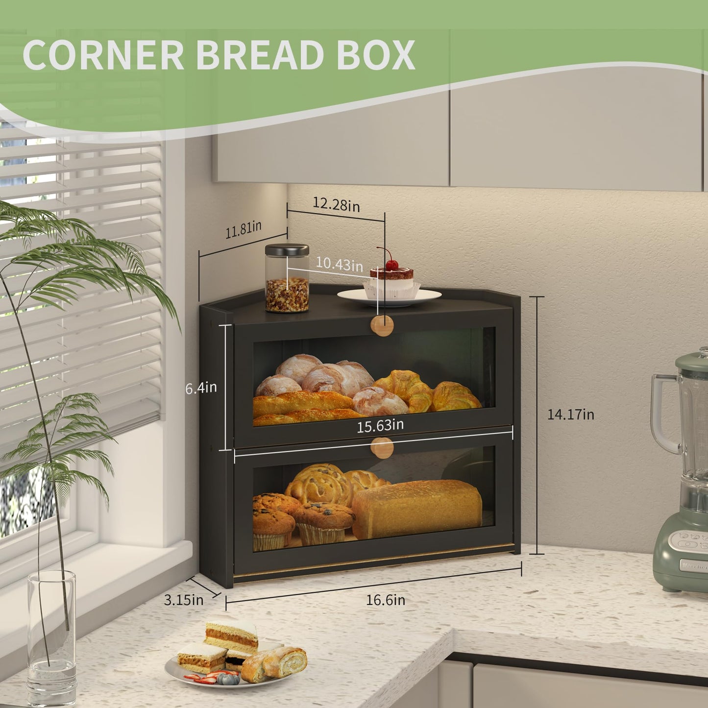 JANSNIMEN Corner Black Bread Box for Kitchen Countertop, Large Wooden Bamboo Bread Container Farmhouse Bread Box with Window and Bread Holder