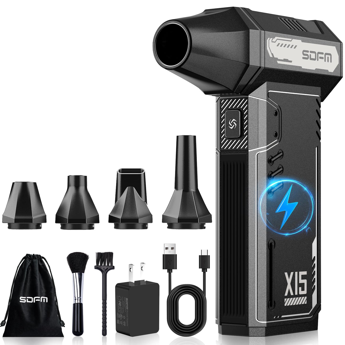 SDFM Compressed Air Duster - 180,000 RPM Compressed air - with Brushless Motor, 3-Gear Adjustable Air Duster - for Keyboard, PC, Car, Air Bed, and Home Cleaning (Black)