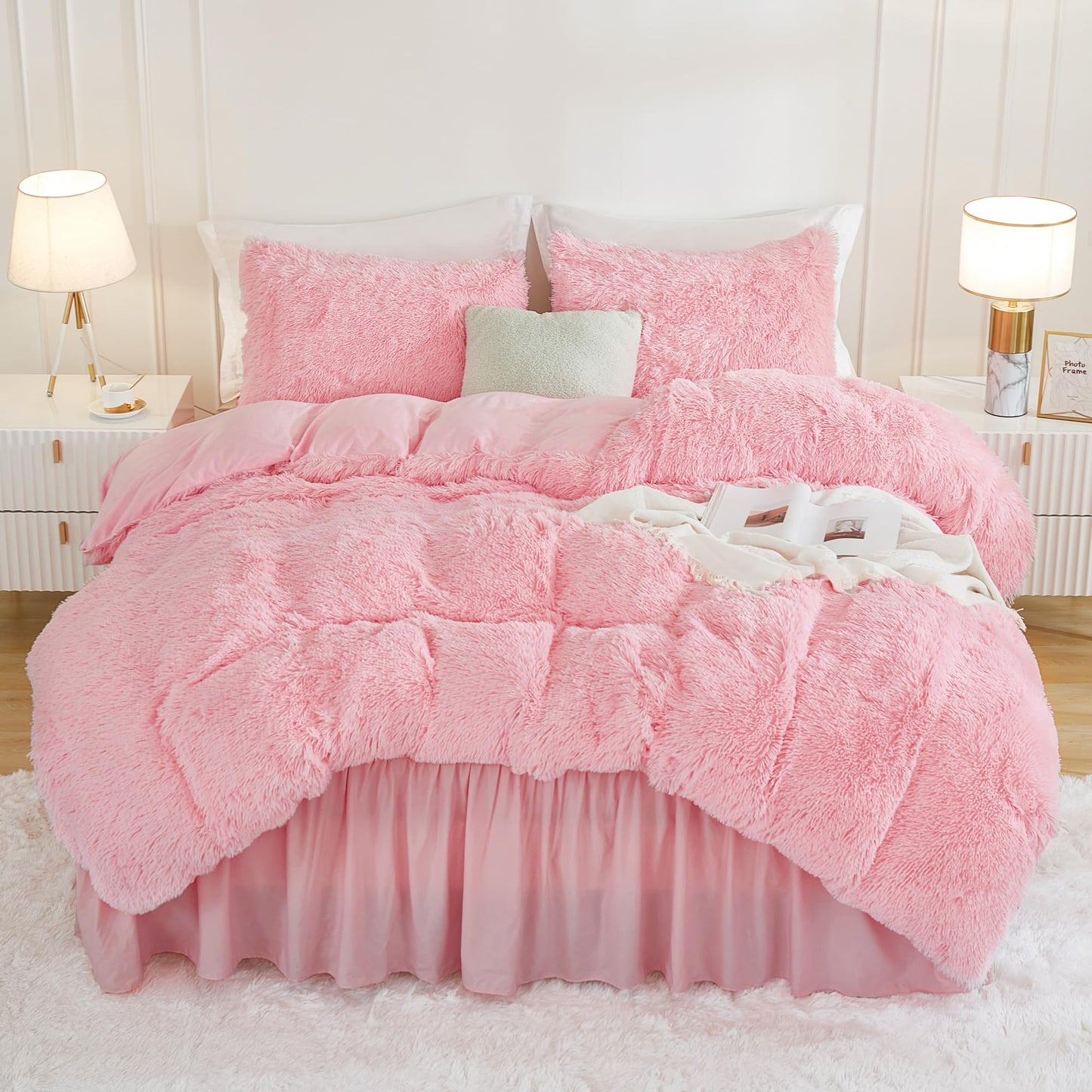 Andency Faux Fur Pink Comforter Set Queen Size, 3 Pieces Fluffy Fuzzy Plush Bedding Comforter Set (1 Shaggy Velvet Comforter & 2 Pillowcases), Soft Puffy Comfy Down Alternative Comforter Bedding Set