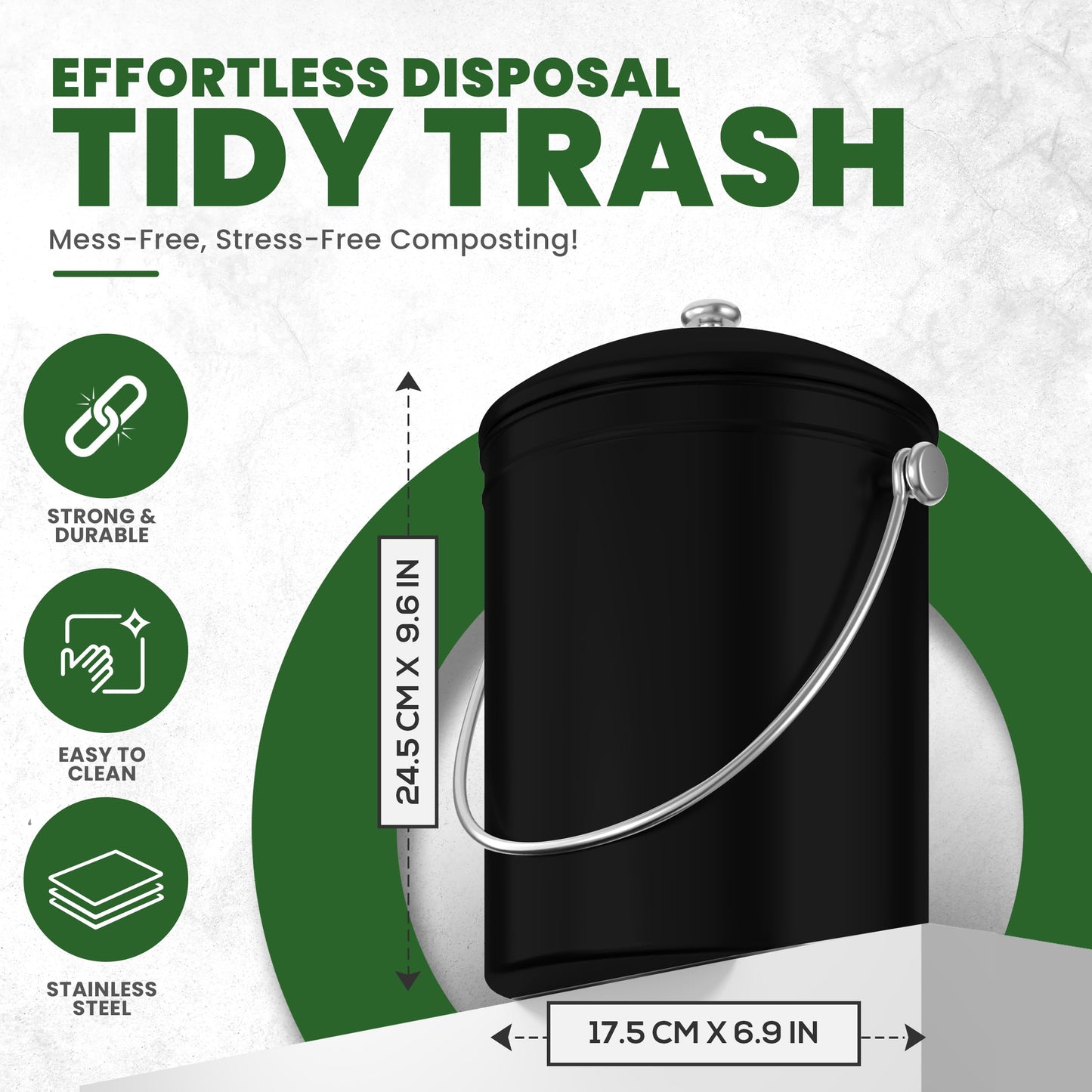 KICHLY Compost Bin, Stainless Steel Bin for Kitchen Countertop, 1.3 Gallon Composting Bucket, Compost Pail with Lid, Includes 1 Spare Charcoal Filter, Black