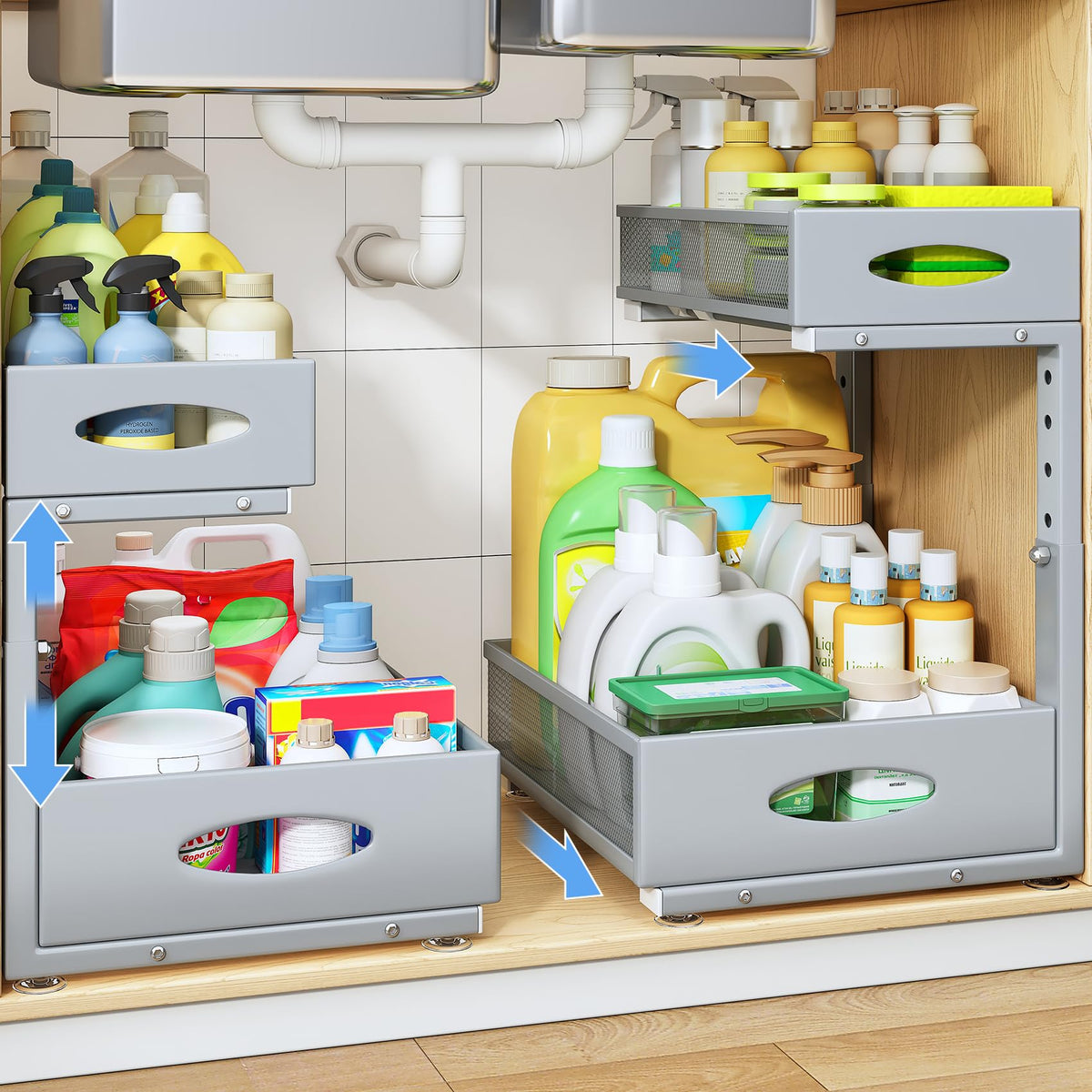 Under Sink Organizer, 2 Pack 2 Tier Pull Out Under Cabinet Organizer Shelf with Pad for Framed Cabinets, Metal Slide Out Under Sink Storage, Mesh Sliding Drawers for Kitchen Bathroom Laundry, Grey