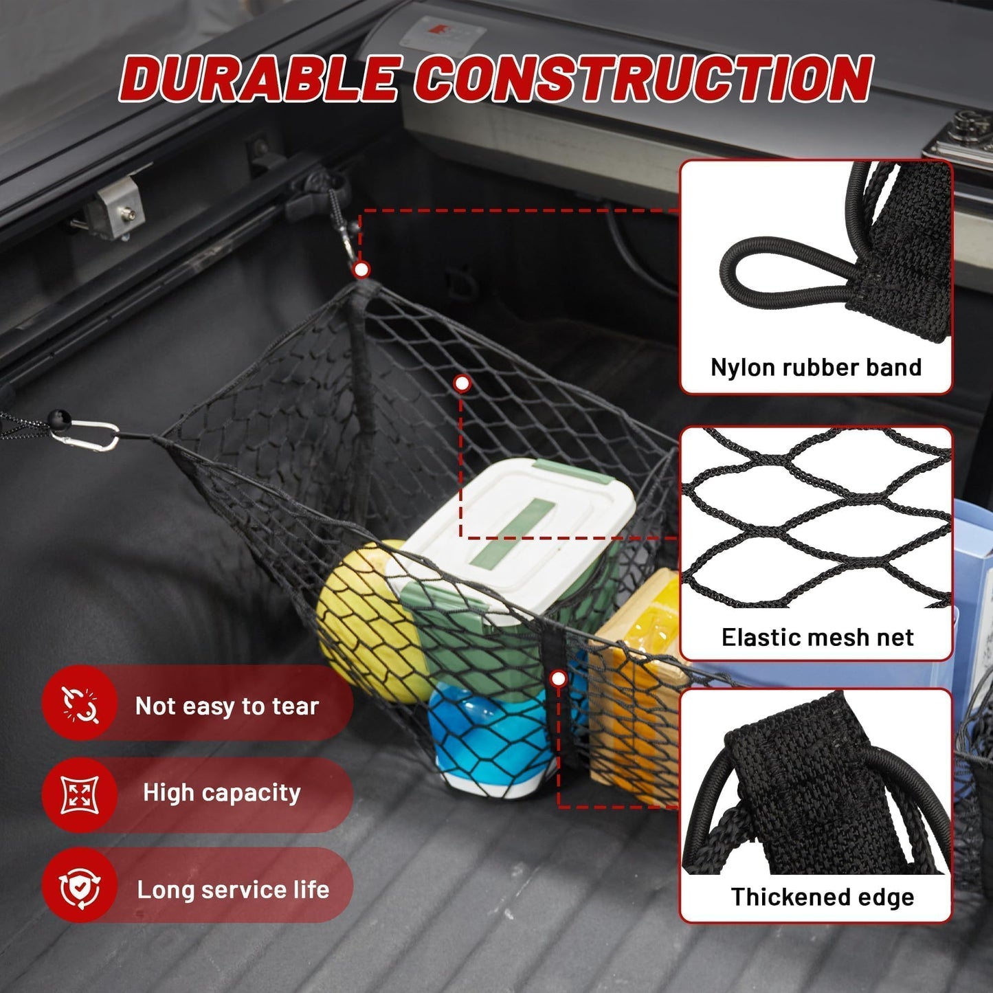 RED WOLF 3 Pockets Cargo Net for Pickup Trunk Ford Dodge Chevy GMC Trunk Bed Storage Organizer Stretchable Rear Cargo Storage Mesh Netting (47.2X 11.8X 11.8 Inch)