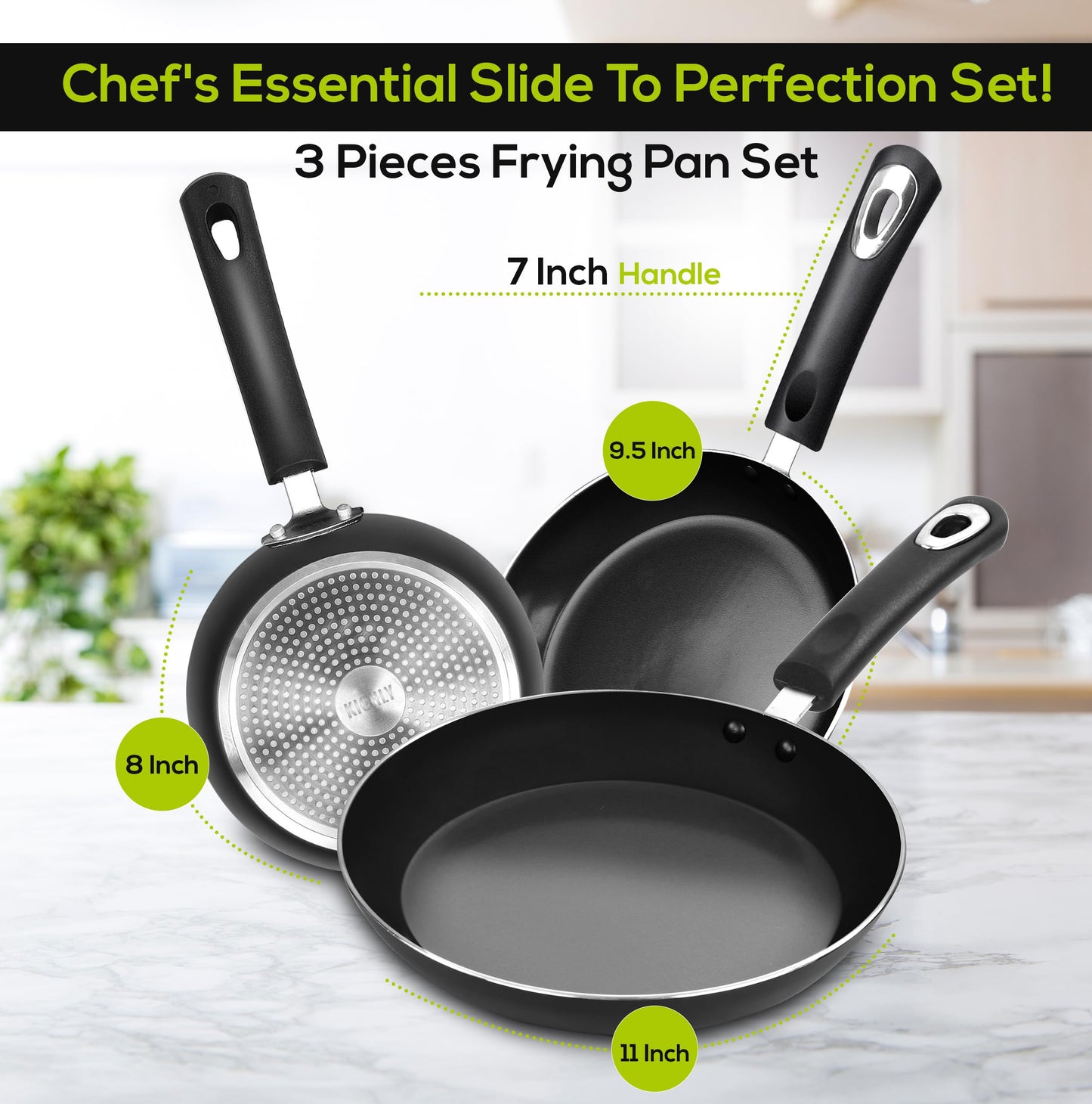 KICHLY Nonstick Frying Pan Set, 3 Piece Induction Bottom Chef's Pan, 8 Inches, 9.5 Inches and 11 Inches Cookware Set, Black