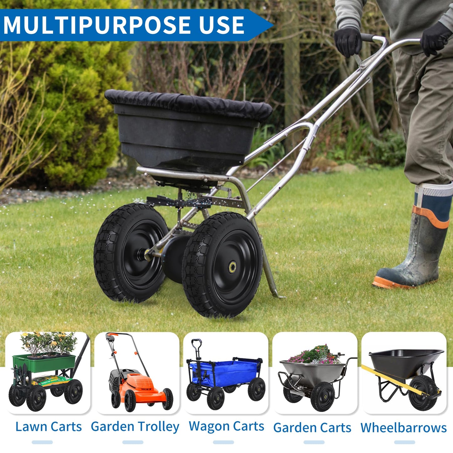 13 Inch Flat Free Wheels Tires 4.00-6 Solid Replacement with Universal 5/8" Axle Bore Hole, 8 Spacers and 4 Pins, for Wheelbarrow, Garden Wagon, Hand Truck, Trolley, Lawn Mower, 2 Pack