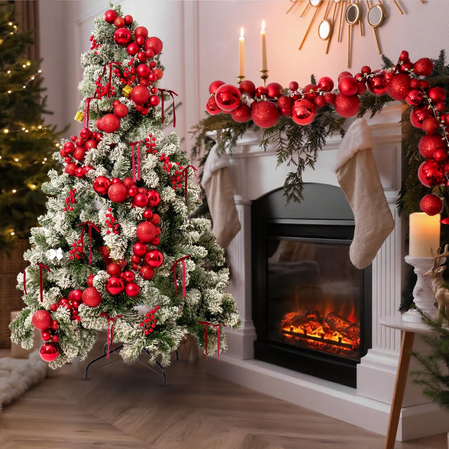 4 Pack 1.8 Feet Christmas Ball Garland Ornaments with 12 Velvet Bows and 12 Berry Picks 120 Balls Hanging Shatterproof Xmas Decor Segmented Garland for Christmas Tree Supplies (Total 7.2 feet)