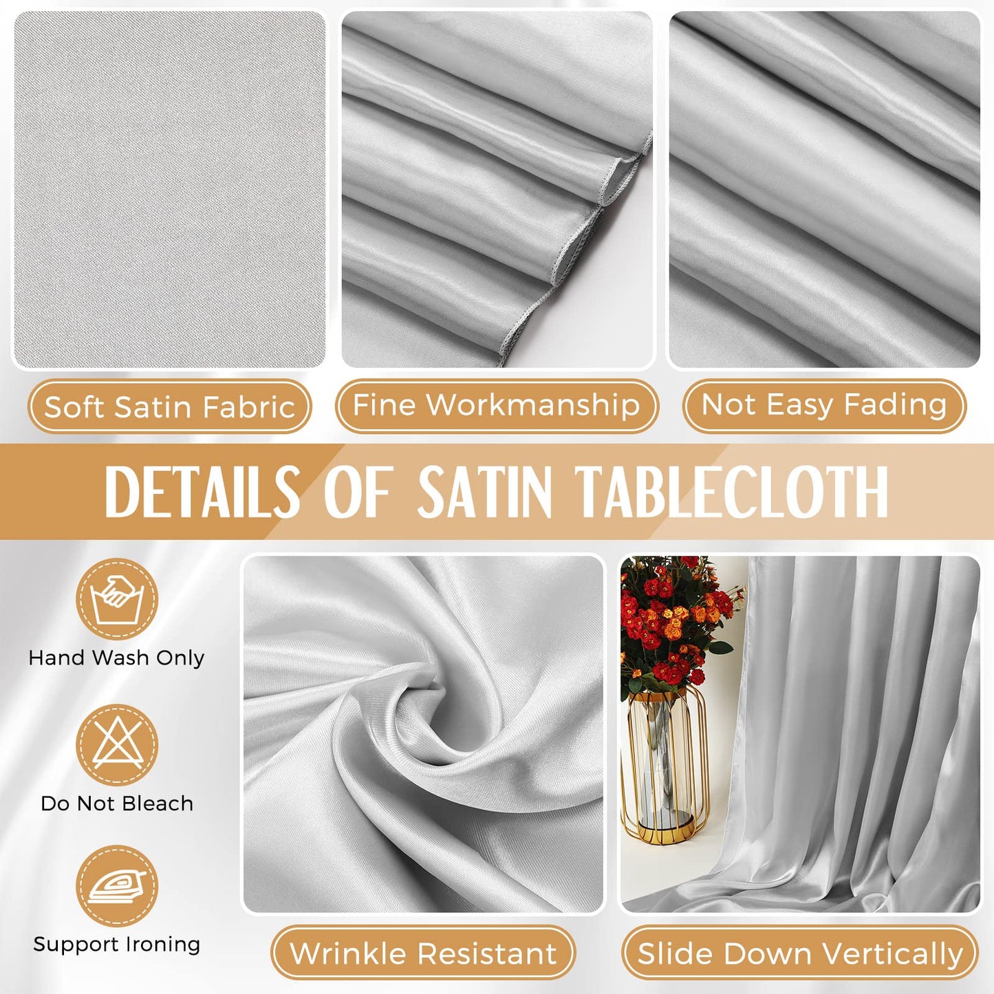 8 Packs Satin Tablecloth 102 x 58 Inches Rectangle Table Cover Silk Smooth Fabric Party Table Cloth for Rectangle Parties, Holiday Dinner Wedding Banquet Decoration(Silver)