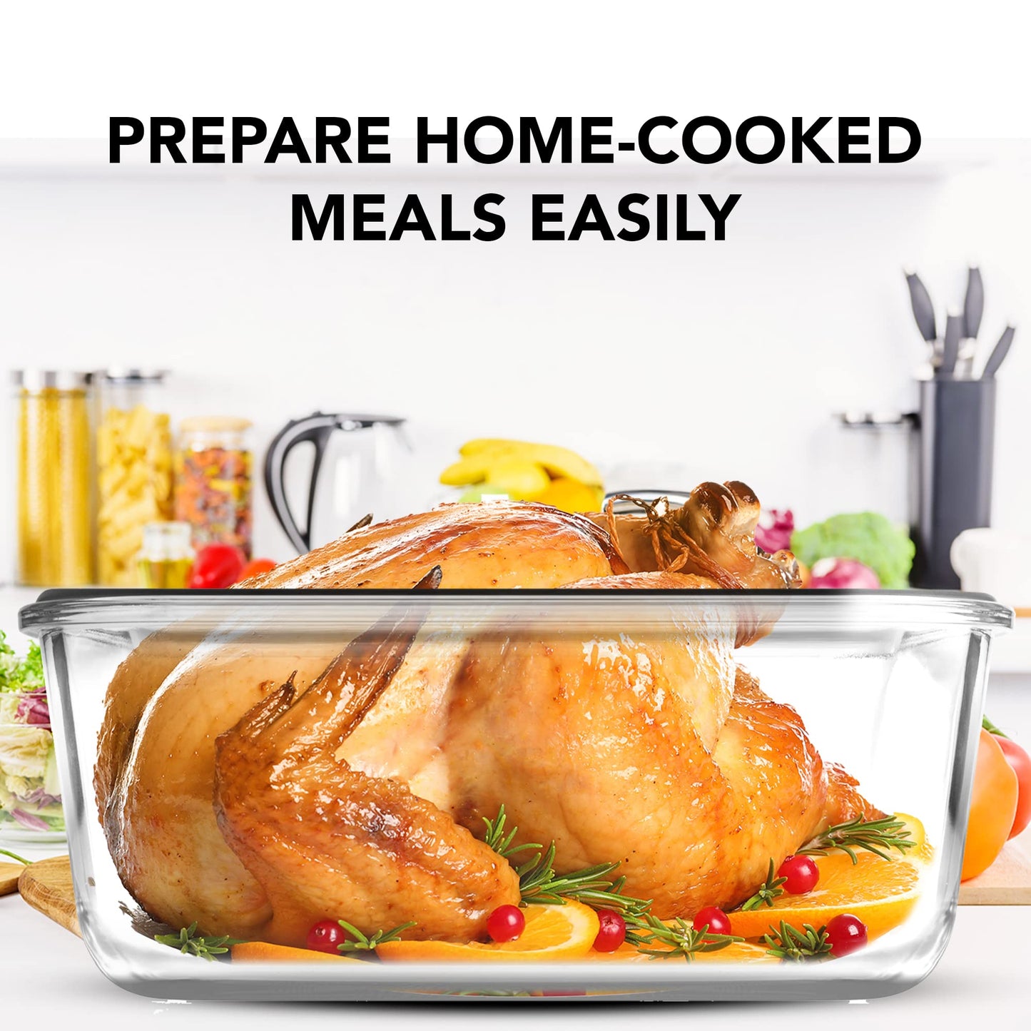 Razab 10 Cups/ 80 Oz 2 Pack Large Glass Container Food Storage with Lids - Leakproof, BPA-Free Large Meal Prep Container Ideal for Roasting Turkey, Store Leftover - Microwave & Oven Safe