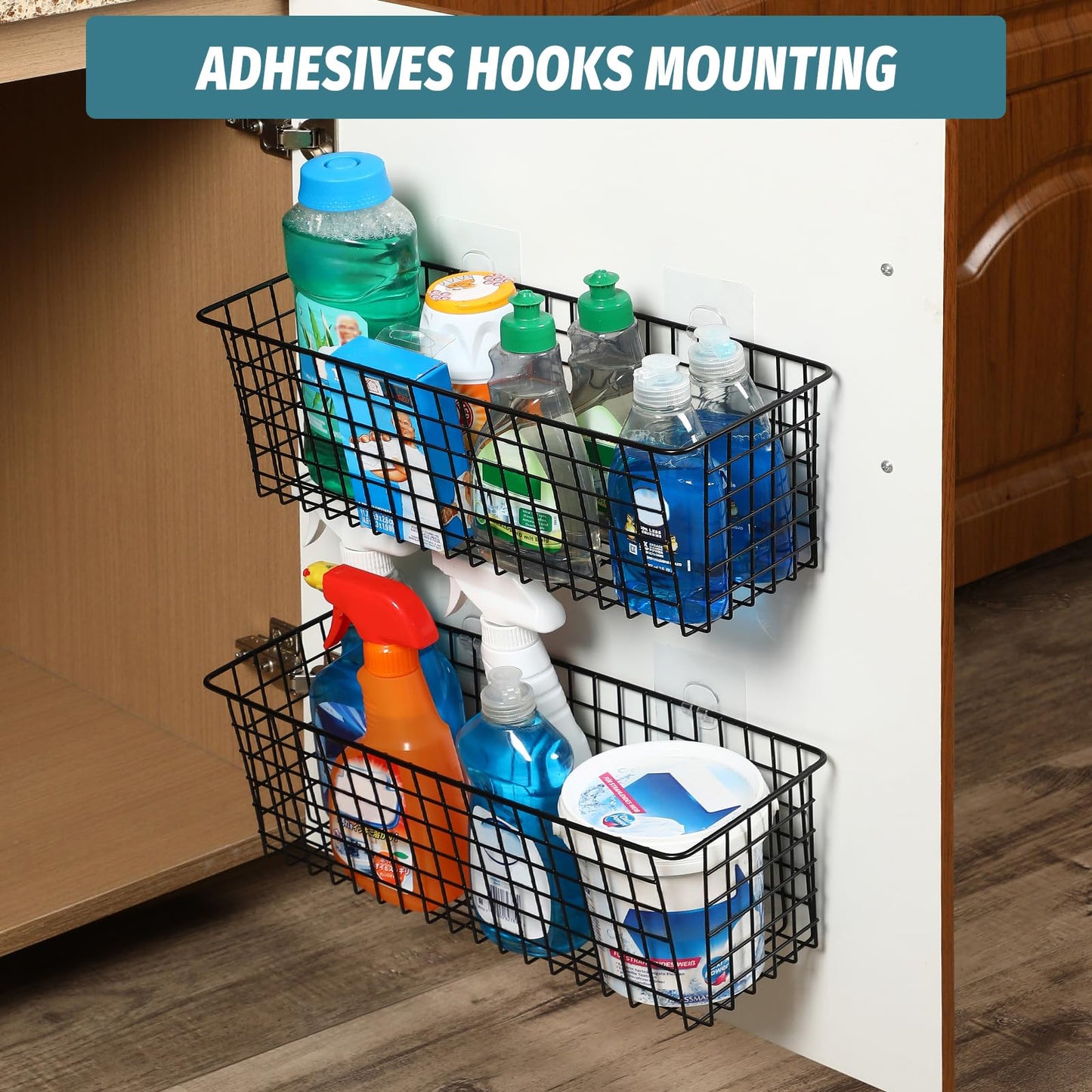 4 Set [Extra Large] Hanging Wall Basket for Storage, Wall Mount Sturdy Steel Wire Baskets, Metal Hang Cabinet Bin Wall Shelves, Rustic Farmhouse Decor, Kitchen Bathroom Organizer, Black