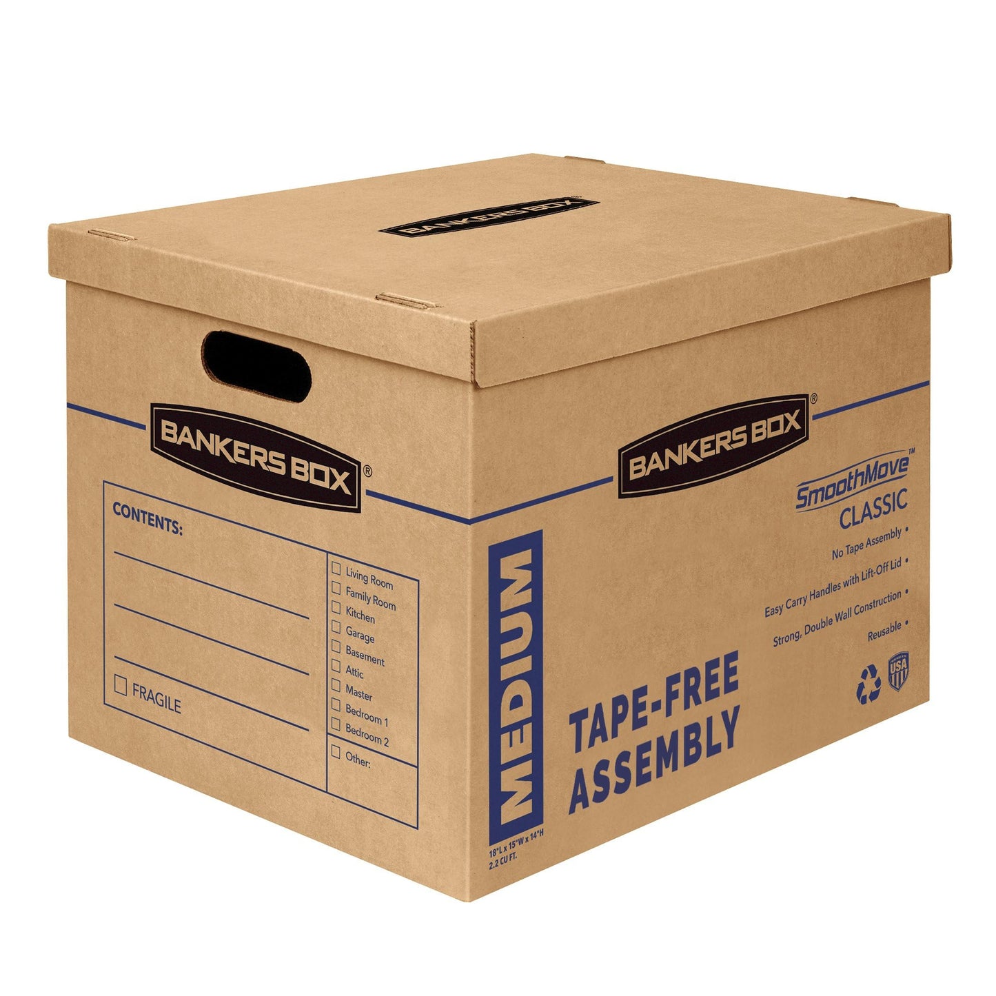 Bankers Box SmoothMove Classic Moving Boxes, Tape-Free Assembly, Easy Carry Handles, Medium, 18 x 15 x 14 Inches, 8 Pack (7717210)