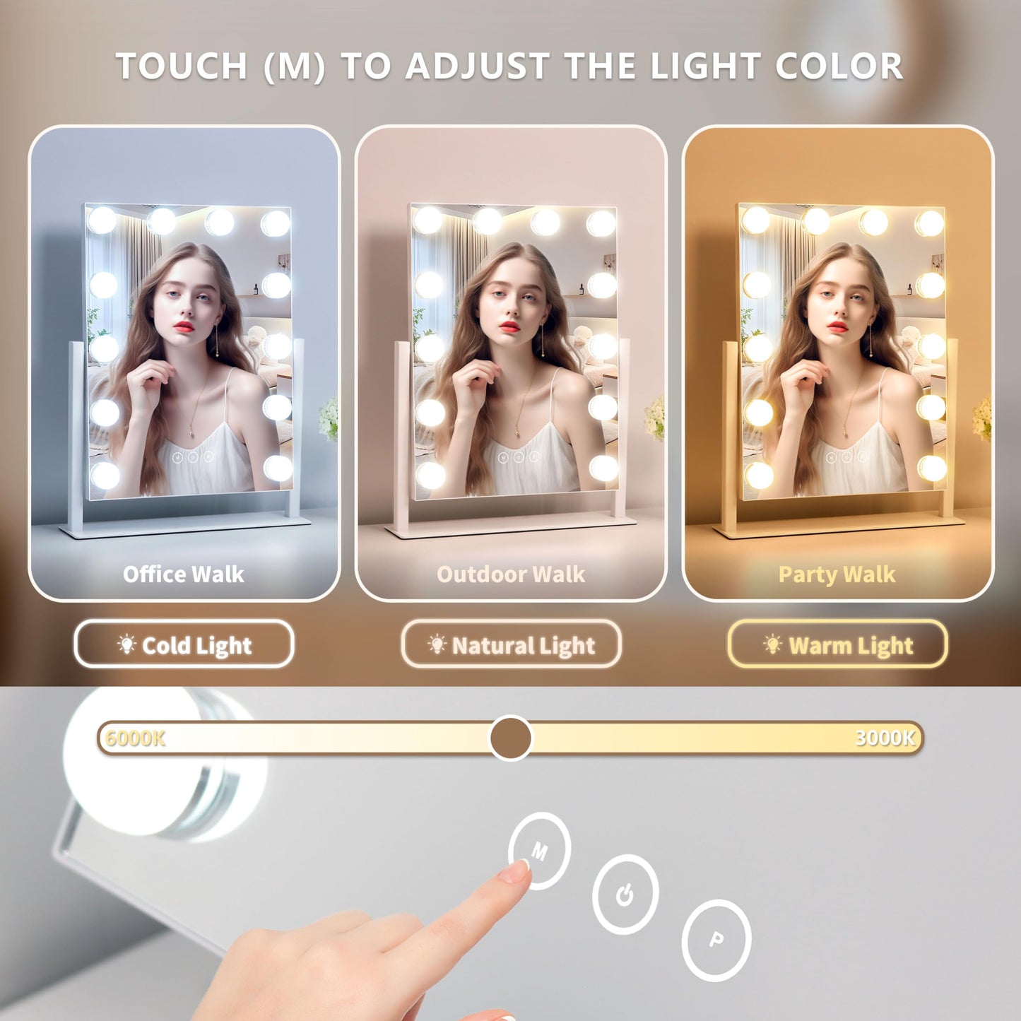 NUSVAN Vanity Makeup Mirror with Lights,3 Color Lighting Modes Detachable 10X Magnification Mirror Touch Control,360°Rotation, White (14.6Inch)