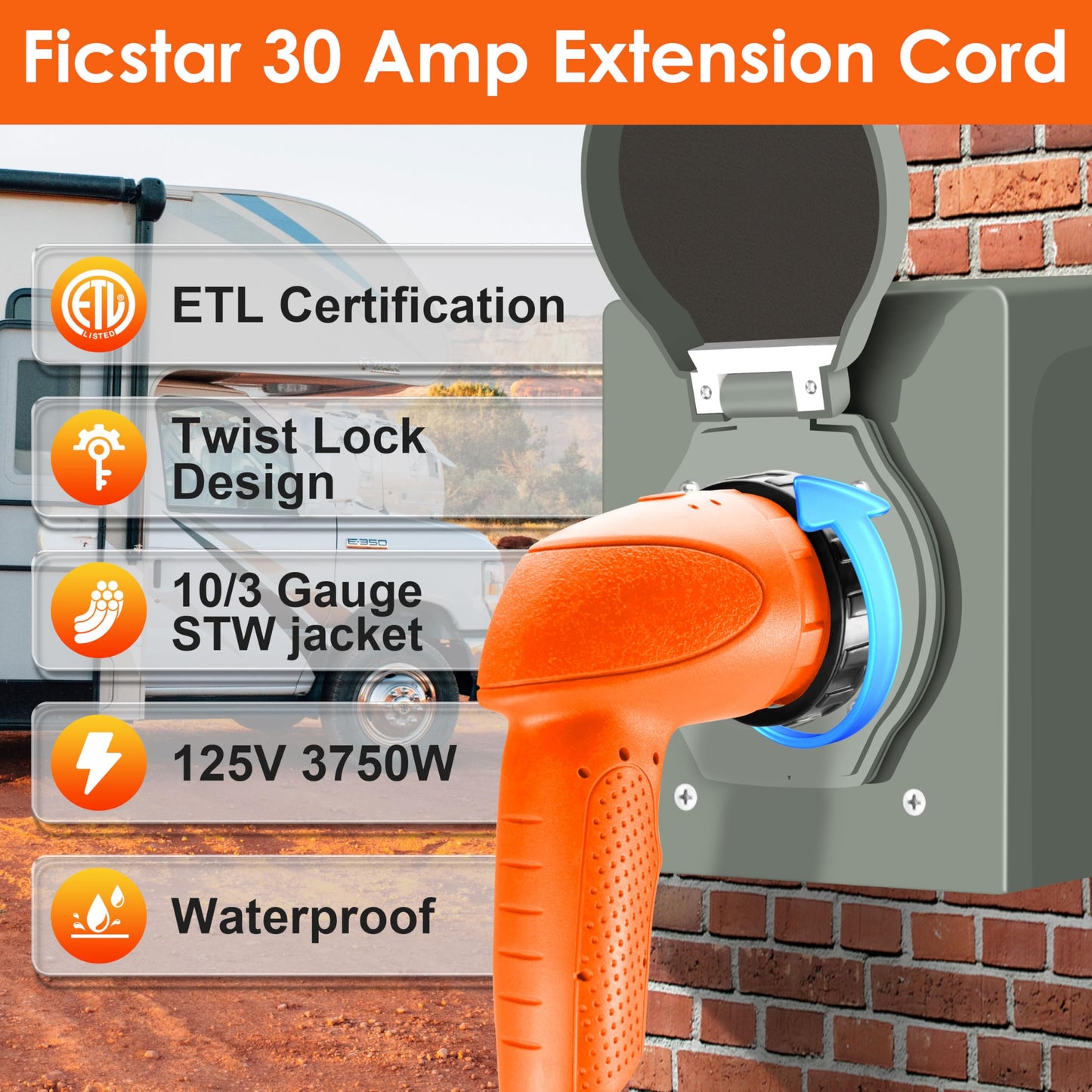 Ficstar 30 Amp RV Extension Cord 25 ft Heavy Duty Generator Extension Cord with LED Power Indicator,30 AMP Female 90° Twist Lock Adapter with Reverse Polarity Lamp,NEMA TT-30P to L5-30R,120V/125V