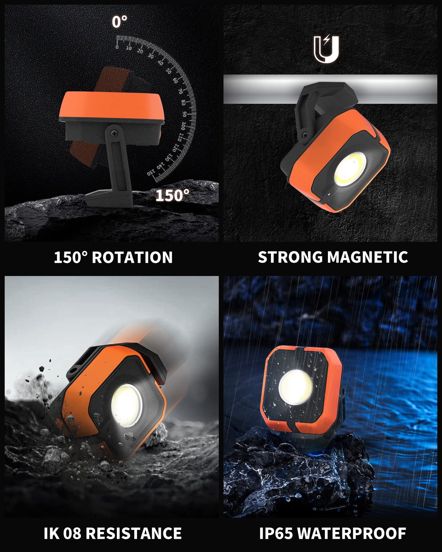 Anylight Led Work Light with 4 Modes,1200LM Portable COB Magnetic Light,3350mAh Recharge Spotlight and Floodlight,150° Rotate IP65 Waterproof for Car Repair and Camping (2 Packs)
