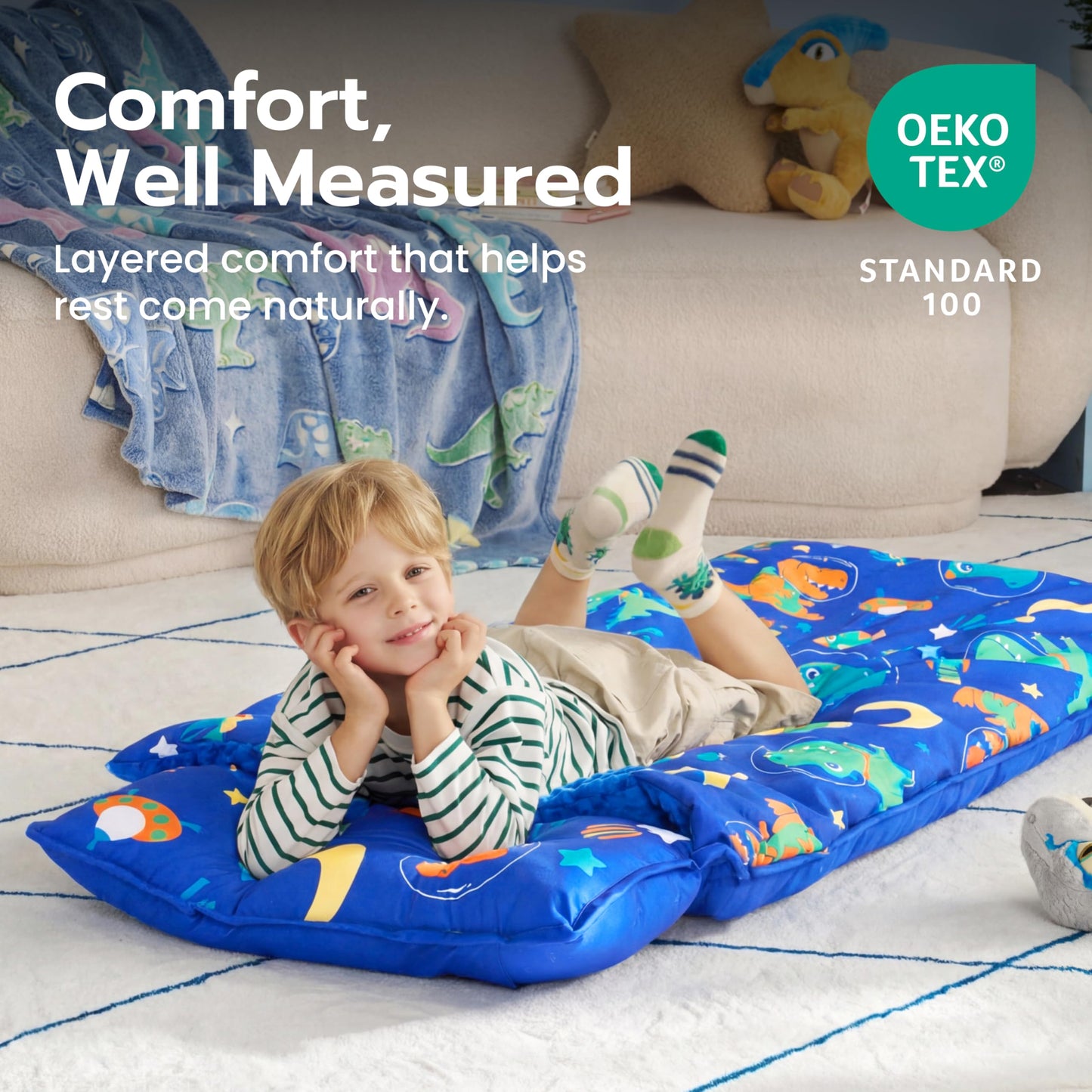 JOIEDOMI Toddler Sleeping Bag for Kids 55''x30'' Nap Mat with Removable Pillow and Minky Blanket for Toddler Ages 3-7 Roll Up Kids Sleeping Bag for Boys Girls Kindergarten Daycare Sleepover Dinosaur
