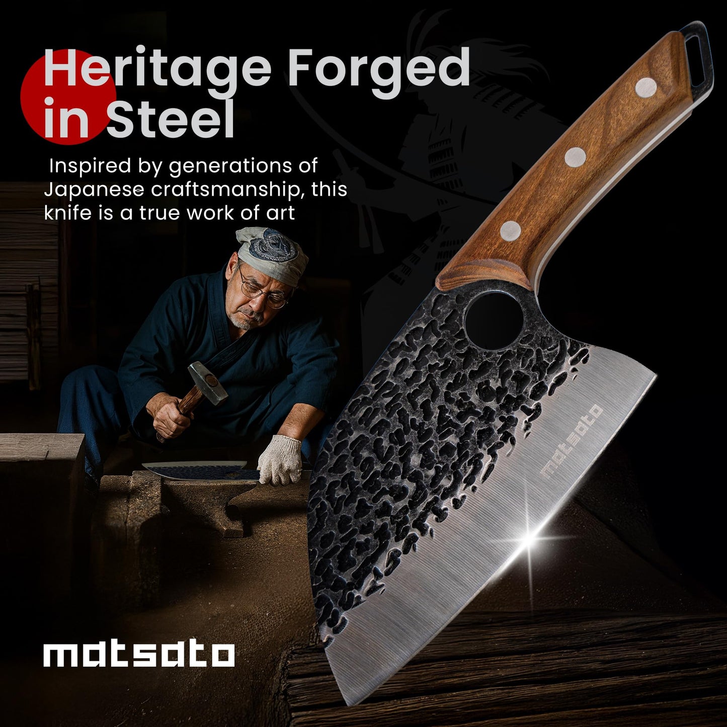 Matsato Butcher Knife Japanese Crafted Steel Kitchen Cleaver Chef Knife Couteau Cuisine Big Chopping Meat Cleaver Knives 5.8 Inch Blade Perfect Kitchen Gifts