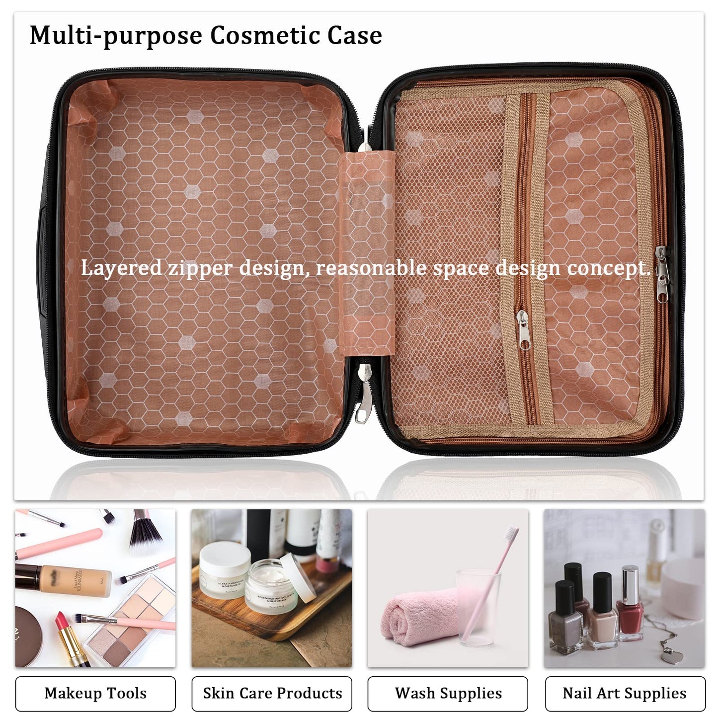 BSTKEY Portable Hard Shell Cosmetic Travel Case, Small Travel Hand Luggage with Elastic Band, Mini ABS Carrying Makeup Case Suitcase, Black, Fashion