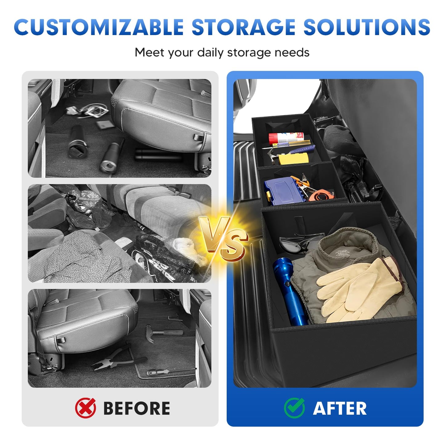 Detachable Under Seat Storage Box for 2019-2025 2026 Chevy Silverado/GMC Sierra 1500 2500HD 3500HD Crew Cab/Double Cab, Foldable Truck bed Organizer 2025 Silverado 1500 Accessories