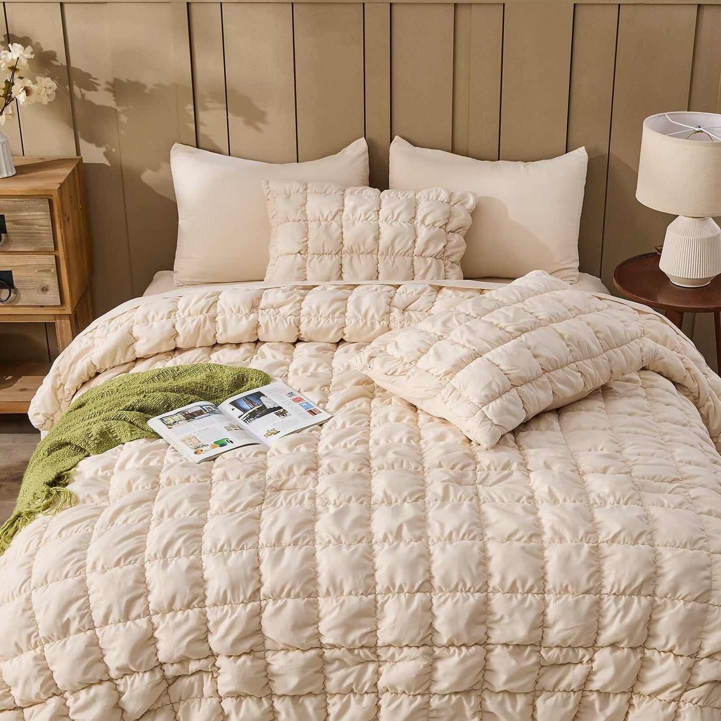 Jameswish Beige Comforter Set Queen Size Bed in A Bag 7 Piece Pinch Pleat Bedding Set,Pintuck Ruched Square Bed Set with Comforter, Sheets, Pillowcases & Shams