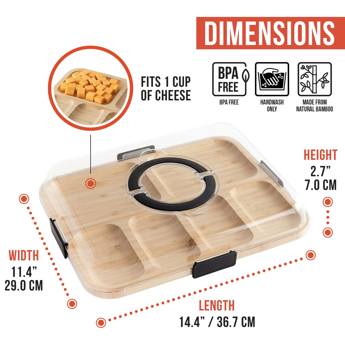 Chef Pomodoro Travel Charcuterie Board with Lid, Serving Tray, Portable, Covered Tray with Lid, Cheese Platter, Wood Grazing Board with 6 Compartments 14.4 X 11.4 in (36.7 X 29 cm)