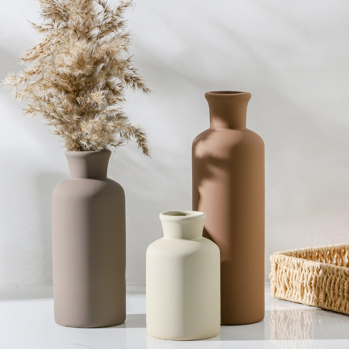 Vase Set of 3, Ceramic Vases Neutral Modern Vases Home Decor Rustic Farmhouse Decor Flowers Pampas Vase for Table Mantel Entryway Shelf Living Room Kitchen Bathroom - Brown