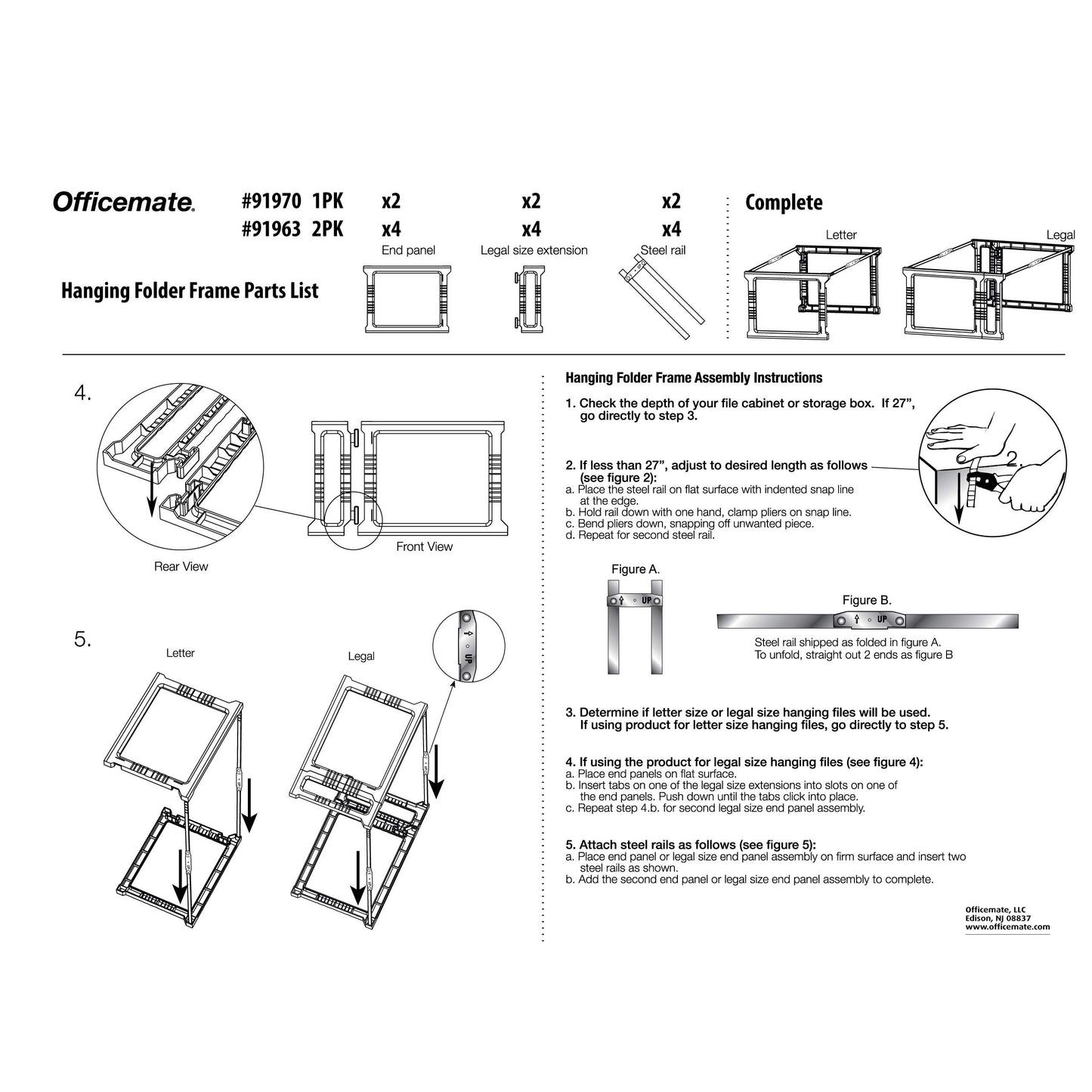 Officemate Plastic Hanging File Frames, Letter and Legal Size, Rails 24" to 27", 2 Sets (91963)