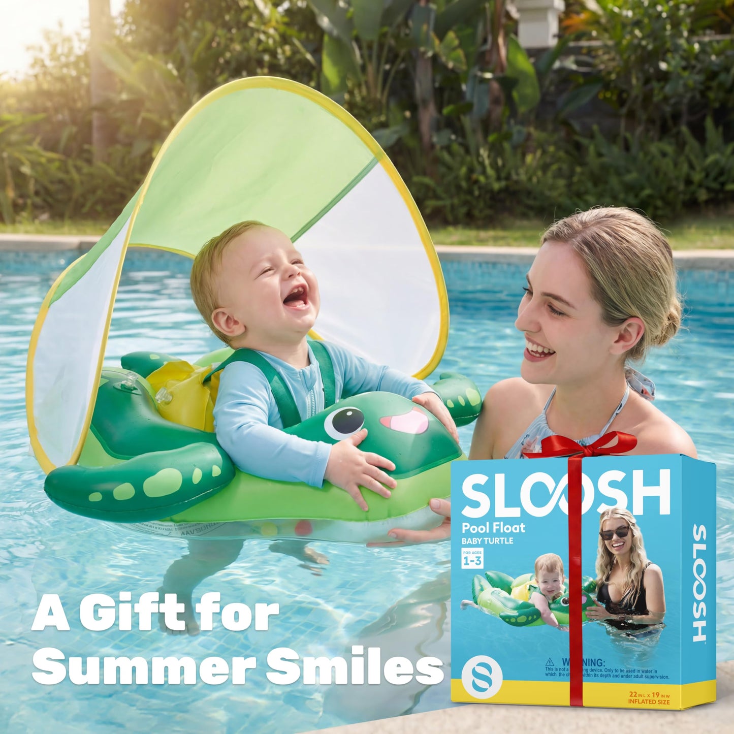 Sloosh Baby Swimming Floats with Removable Sun Canopy, Inflatable Baby Pool Float, Sea Turtle Design Infant Baby Swim Float Ring Swimming Pool Accessories for Age 12-36 Months