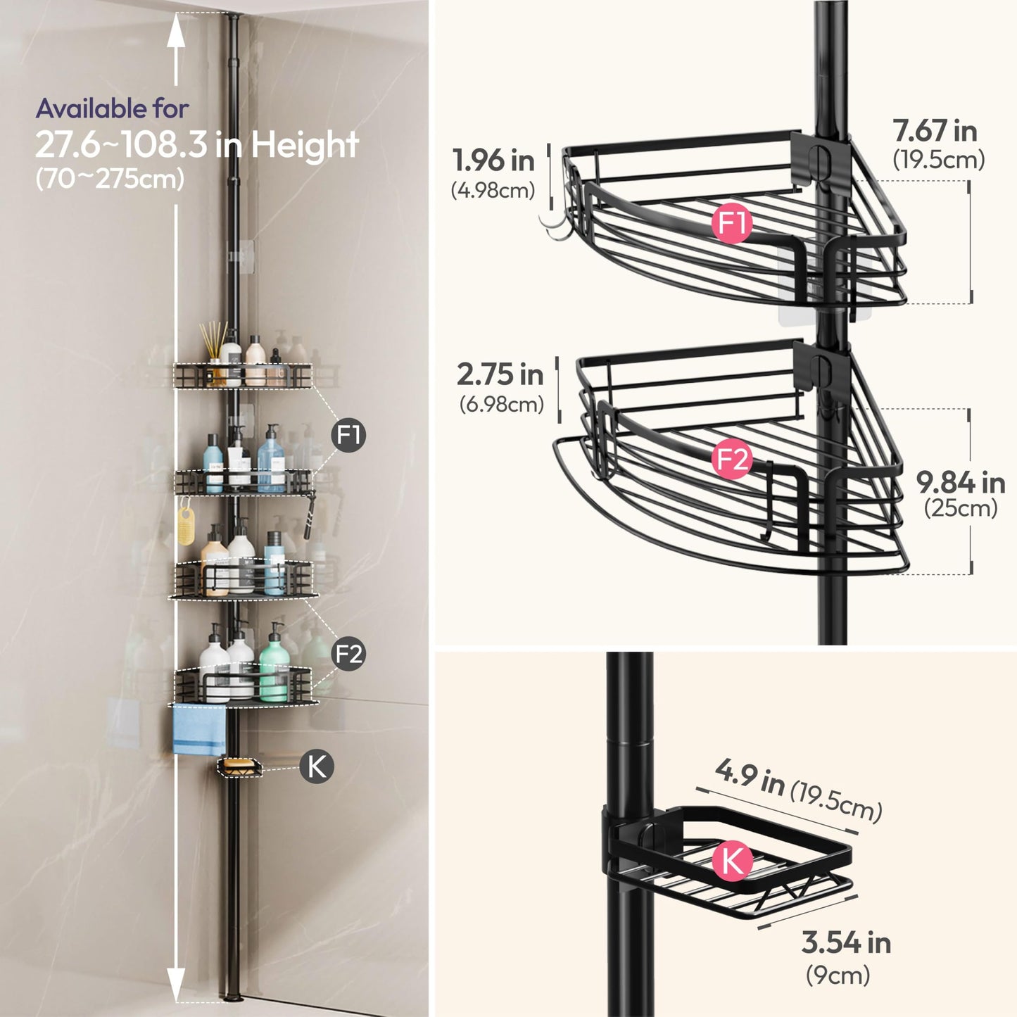 SWTYMIKI Shower Caddy Tension Pole - Rustproof Tension Shower Caddy Corner with Towel Bar & Soap Holder, Adjustable Shower Shelves Shower Organizer for Bathroom Storage, 27.6-108.3 inch, Black