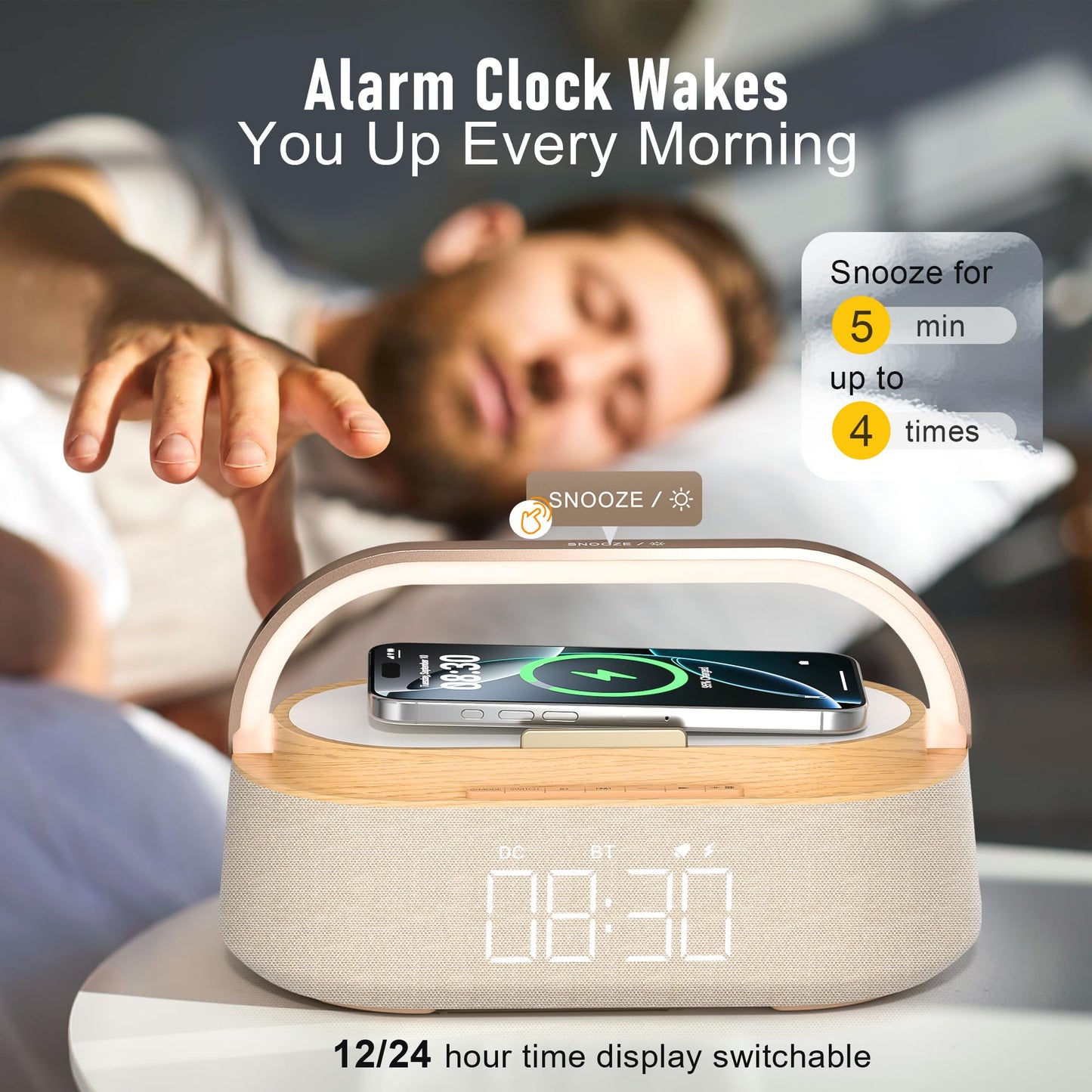 FREEFISH 6-in-1 Alarm Clock with Bluetooth Speaker, Wireless Charging, FM Radio, Night Light, Phone Holder, Digital Clock, 15W Fast Charger for iPhone 16/15/14/13 Samsung, Bedroom Office Gift (Wood)